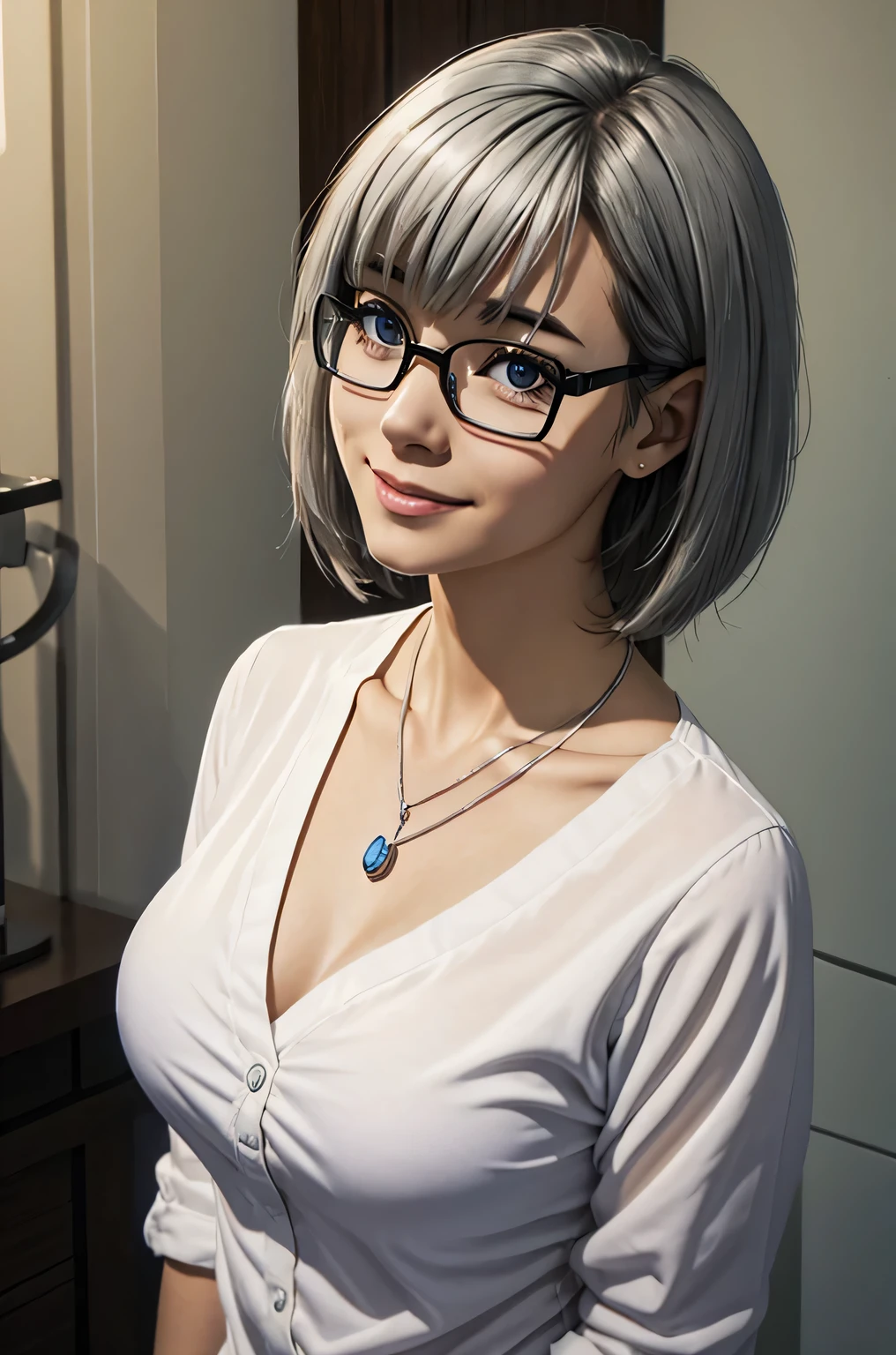 1girl, alternate_costume, bespectacled, closed_mouth, collarbone, glasses, jewelry, necklace, pendant, semi-rimless_eyewear, short_hair, silver_hair, smile, solo, under-rim_eyewear, upper_body,
