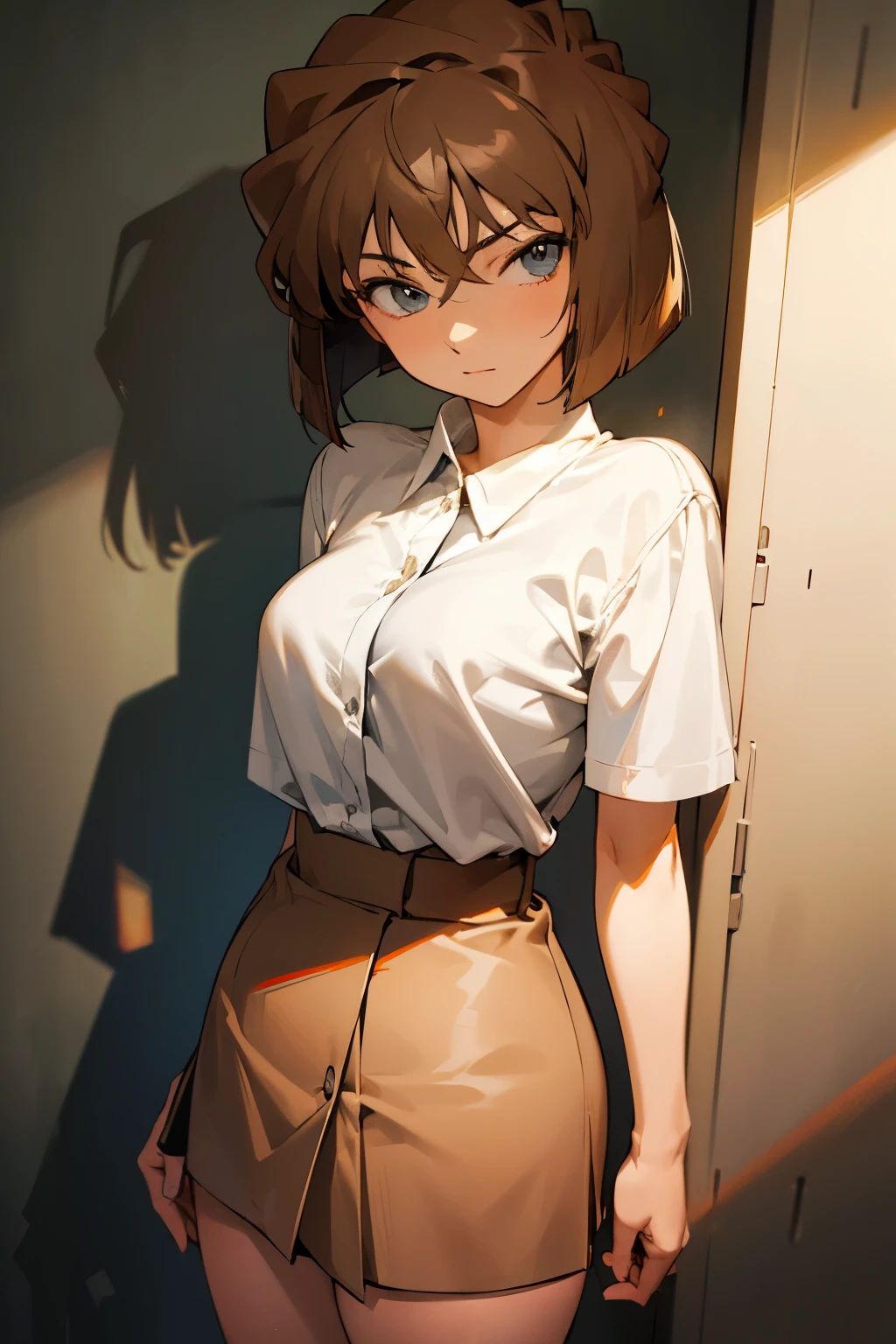 girl, 18 years old, perfect body, beautiful face, looking at viewer, looking down, beautiful eye, high detailed pupil, grey eyes, brown hair, bob cut hair, wave hair, beautiful tits, big , big butt, high detailed real skin, high quality skin, brown micro mini skirt, no panties, professional lighting, real shadow, masterpiece,