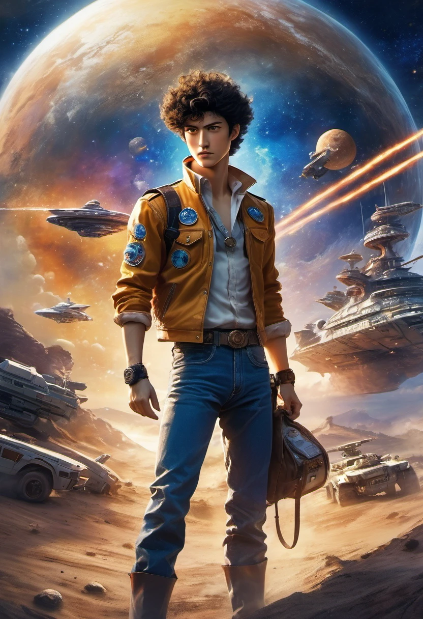 (masterpiece, professional work), Cowboy shooting, Spike Spiegel, Men&#39;s space cowboy, Dessert with space battleship as background, Cowboy hat, Center, Dynamic poses, anime style, key point, Dynamic Lighting, Ultra Detailed, Wheels within wheels, (Epic creation, epic proportions), 2d illustration, Thrilling, panoramic, Movie, (Intergalactic denim style:1.2),