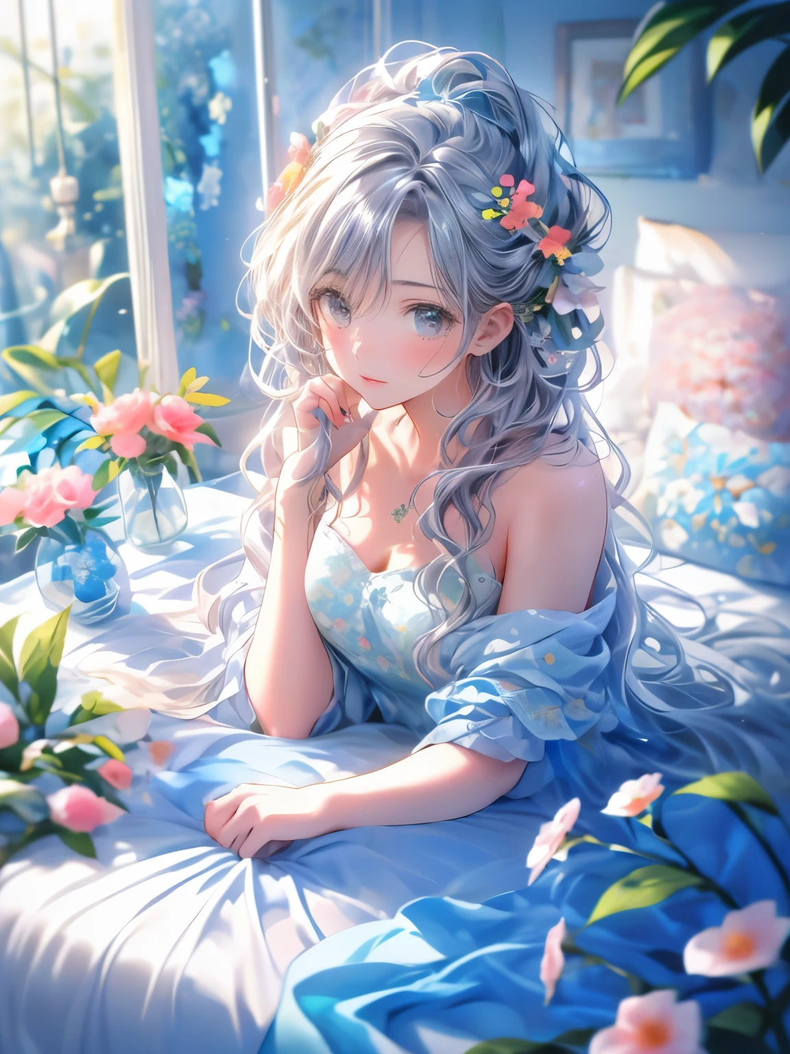 masterpiece:1.2, 8k, (best quality,ultra-detailed,photorealistic:1.37),1girl, soft light, cute girllying on a bed covered with a multitude of flowers,soft and delicate petals,fragrant blossoms,an abundance of colorful blooms,freshly picked flowers scattered on the bed,beautifully arranged flower arrangement,romantic and dreamy atmosphere,vibrant and vivid flower colors,a bed filled with flowers of various types and sizes,exquisite floral patterns,HDR,UHD,studio lighting,flower petals gently falling in the air,subtle play of light and shadow among the flowers,detailed textures of the flower petals,pure white linen sheets contrasting with the vibrant flowers,meticulous attention to the smallest details,colorful bokeh in the background,an aura of tranquility and peace,perfectly captured beauty of the flowers,artistic and enchanting composition,variety of flower species,playful and whimsical ambiance,feeling of being surrounded by nature's beauty,serene and inviting atmosphere,meticulously hand-painted flowers,impeccable realism,strong floral fragrance in the air.