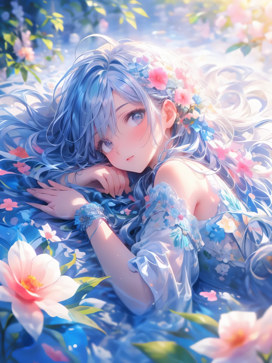 masterpiece:1.2, 8k, (best quality,ultra-detailed,photorealistic:1.37),1girl, soft light, cute girllying on a bed covered with a multitude of flowers,soft and delicate petals,fragrant blossoms,an abundance of colorful blooms,freshly picked flowers scattered on the bed,beautifully arranged flower arrangement,romantic and dreamy atmosphere,vibrant and vivid flower colors,a bed filled with flowers of various types and sizes,exquisite floral patterns,HDR,UHD,studio lighting,flower petals gently falling in the air,subtle play of light and shadow among the flowers,detailed textures of the flower petals,pure white linen sheets contrasting with the vibrant flowers,meticulous attention to the smallest details,colorful bokeh in the background,an aura of tranquility and peace,perfectly captured beauty of the flowers,artistic and enchanting composition,variety of flower species,playful and whimsical ambiance,feeling of being surrounded by nature's beauty,serene and inviting atmosphere,meticulously hand-painted flowers,impeccable realism,strong floral fragrance in the air.