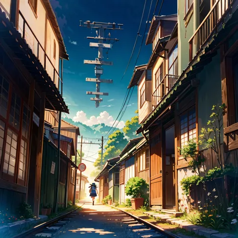 Anime style, Ghibli touch, mysterious atmosphere, old buildings from the early Showa period, a rural village, a train running th...