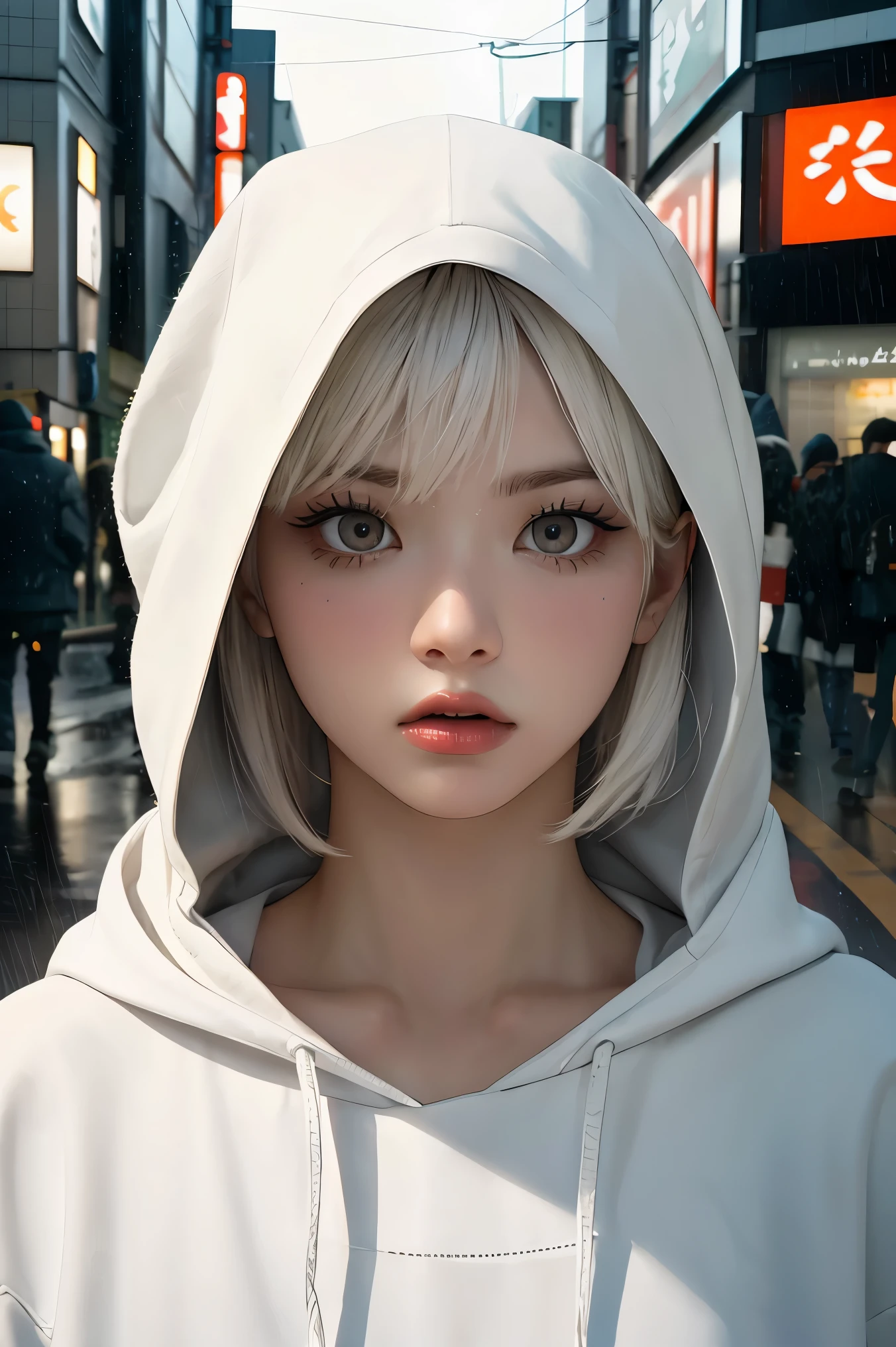 kk, best quality, more details, masterpiece, 1boy, kaneki ken, portrait, male focus, red eyes, solo, bangs, looking at viewer, hood, short hair, rain, tokyo tokyo \(city\),  hood up, nail polish, white hair, luxurious, 8k, detailed, ray tracing, depth of field, cinematic lighting,