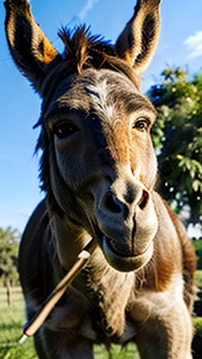 Create the image of an animal character. ((donkey)), ((smiling)), Wearing a red t-shirt and with grass in his mouth.