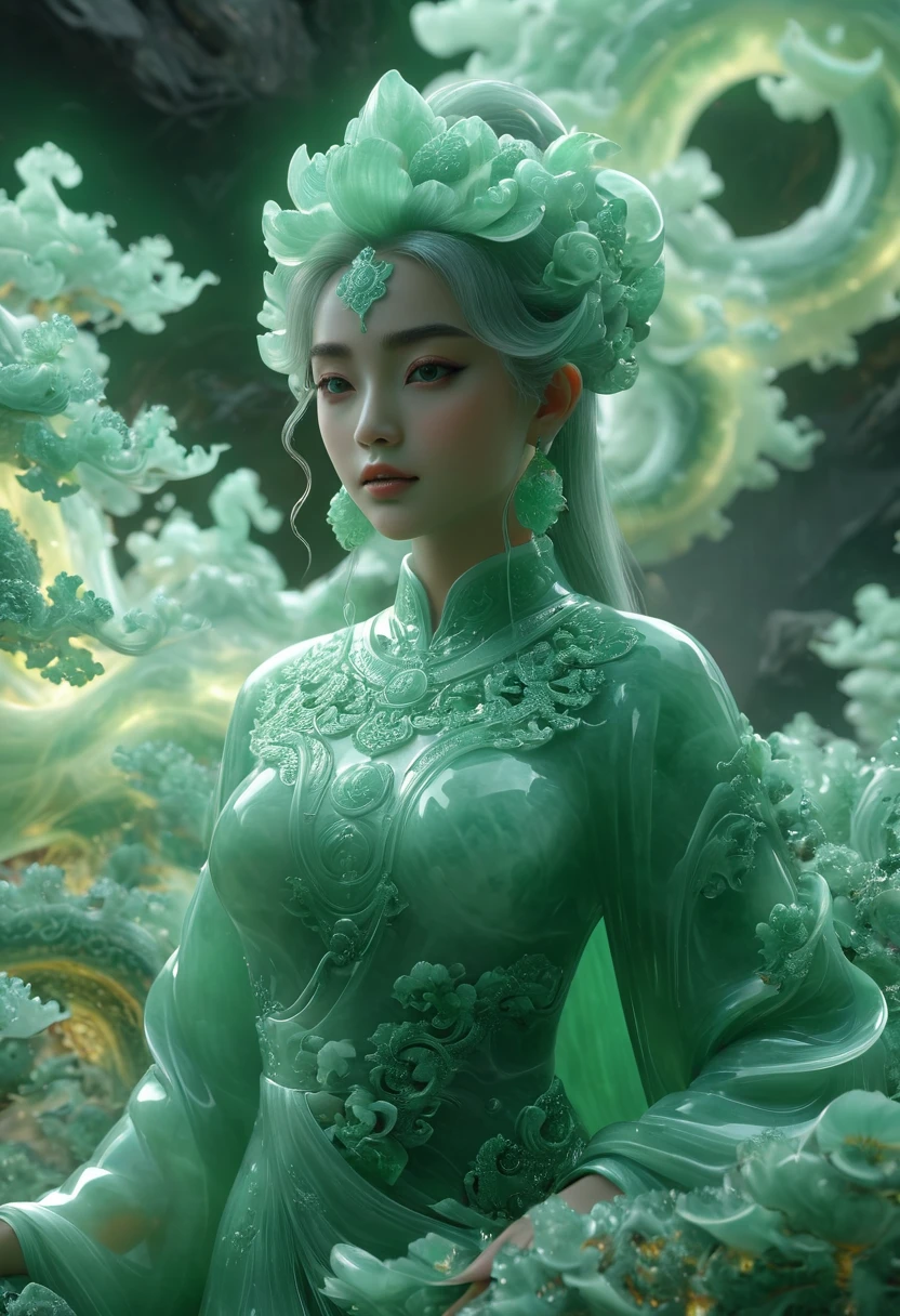 Jade Fractal，luminescent，1 Girl，。(Best quality,4K,8K,A high resolution,Masterpiece:1.2), (Realistic,Photorealistic,photo-realistic:1.37).，Shiny，Exquisite，Monster，Unreal Engine 5，Texture，