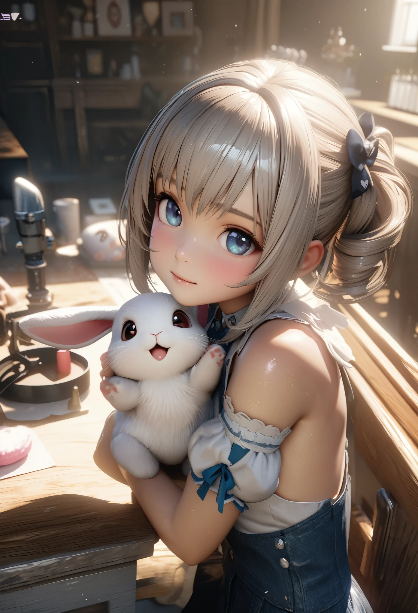 Masterpiece, Best Quality, Super Detailed, High Definition, Expensive Resolution, HDR, 4k, 8K, Unity 8k Wallpaper, Super Detailed CG, Masterpiece, Realistic, 2D, 3D, Beautiful Details, Depth, Fine Texture, Super Fine: 1.3, Complete concentration, crispy skin, very cute anime rabbit, cute idol-like rabbit, Kiraku