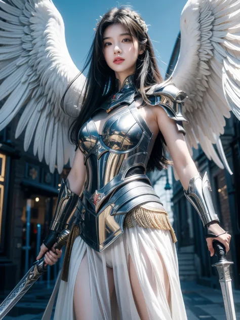 A strong angel with a heavenly armor, Sword with shield, Seven Wings, be ready for battle  