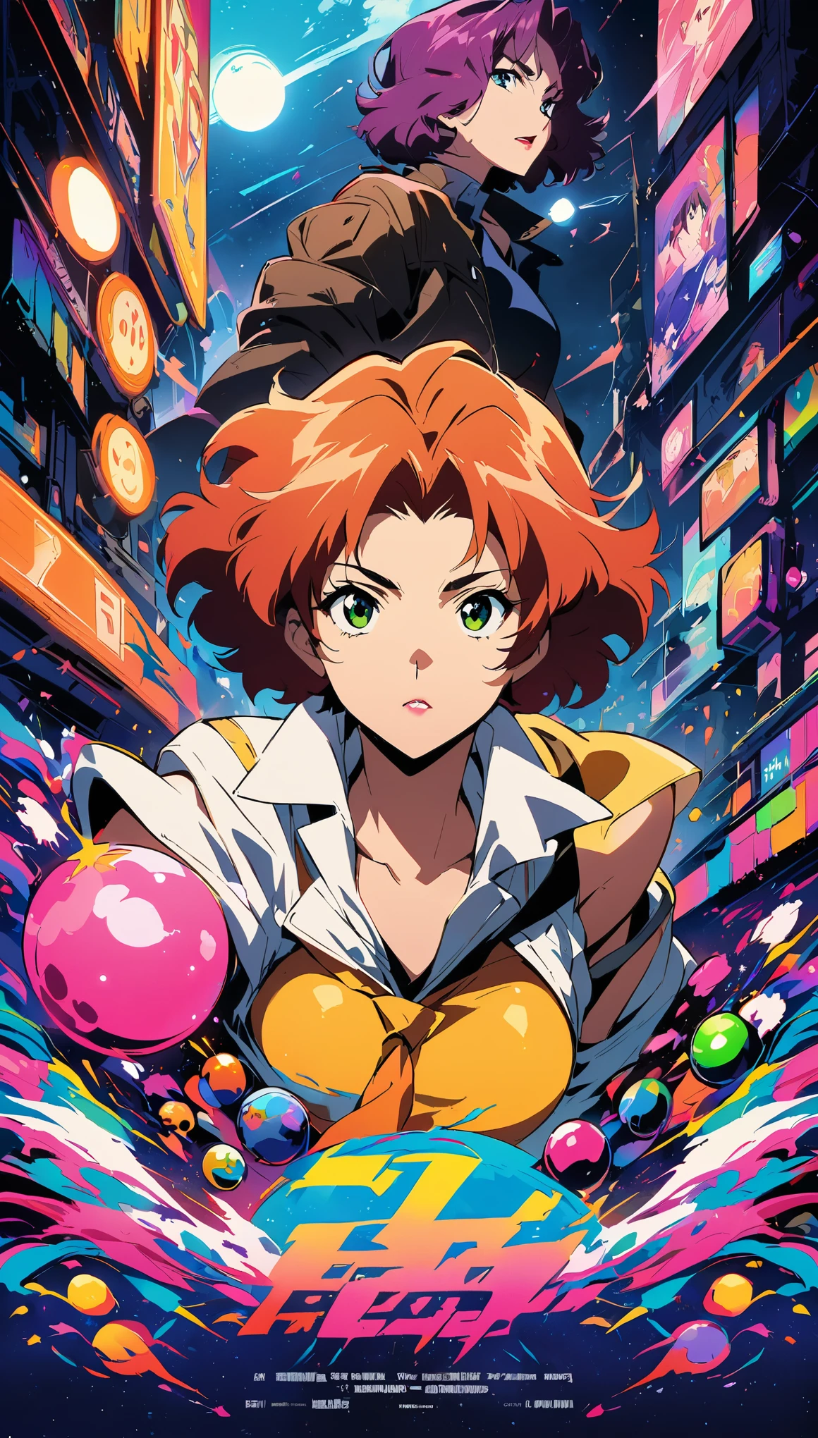 Cartel de anime japonés.,vaquero bebop faye,retratos,ilustración,Luces de neón,Colores vibrantes,mirada intensa,atmósfera arenosa,antecedentes detallados,motivo espacial,escena llena de acción,protagonista femenina fuerte,entorno futurista,narración cautivadora,Actitud relajada