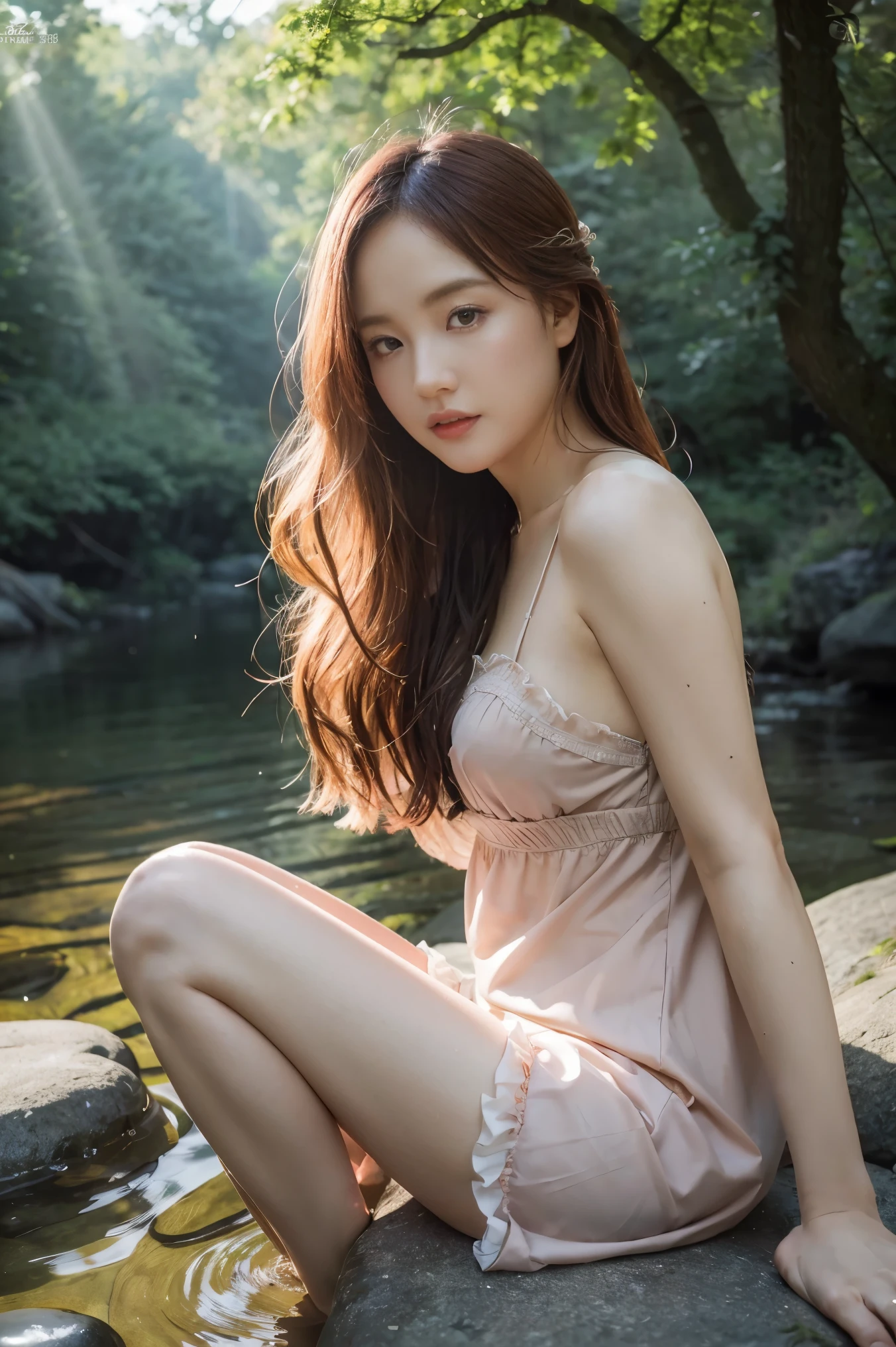 Rose from blackpink, pink hair, (full body), wearing medieval long cotton nightie clothes, sitting on a rock, feet in the water, Drenched hair, The background is a forest, sunset, (masterpiece, best quality, award winning, highres), skinny, intricate and beautiful design, highly detailed beautiful face, super detailed beautiful eyes, light smile, sitting near stream, forest, leaves flow, windy, sun lights through forest, fantasy art, dynamic lighting, cinematic lighting, hyper realistic, extremely CG detail, octane render, (artistic + masterpiece:1.4), (incredibly detailed eyes), (8k, Photorealistic, Photo RAW, Best quality: 1.4), (UHD), (Ultra high realism), (Ultra high definition), (Ultra high detail), (Realistic face), Beautiful hairstyle, Realistic bright amber eyes, Beautiful details, (Realistic skin), Pale, smooth and luminous skin with iridescent shine and no imperfections, Ultra high definition, Ultra realistic, Highly detailed, (Cleavage: 0.8)