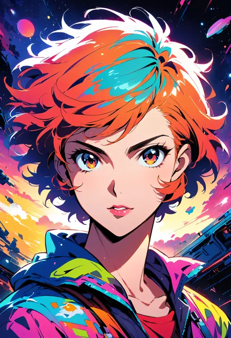 Japanese Anime poster,Cowboy Bebop Faye,portraits,illustration,neon lights,vibrant colors,intense gaze,gritty atmosphere,detaile...