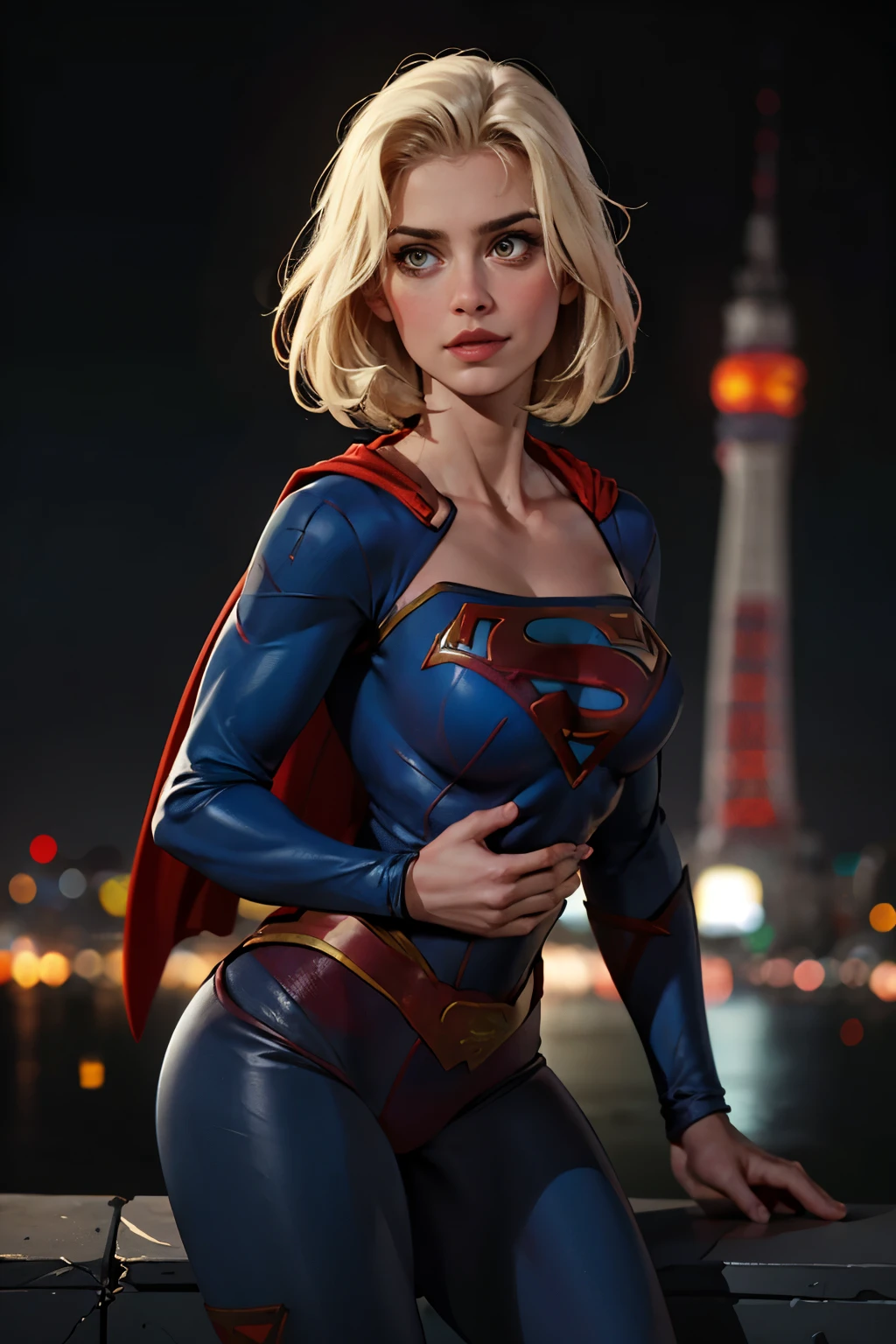 ((highest quality)), ((masterpiece)), (be familiar with), (High definition), (Realistic), (Realistic), (Best Shadow), Low contrast, (Complex:1.4), Side lighting, 8K, ((Helen Slator)), ((SUPER GIRL)), Perfect Face、Detailed、(Accurate hand and finger depiction)、supergirl women、Blonde、Voluptuous body、big breasts、Narrow waist、Big Ass、Alluring、glamorous、((On all fours))、Tokyo Tower、Night view