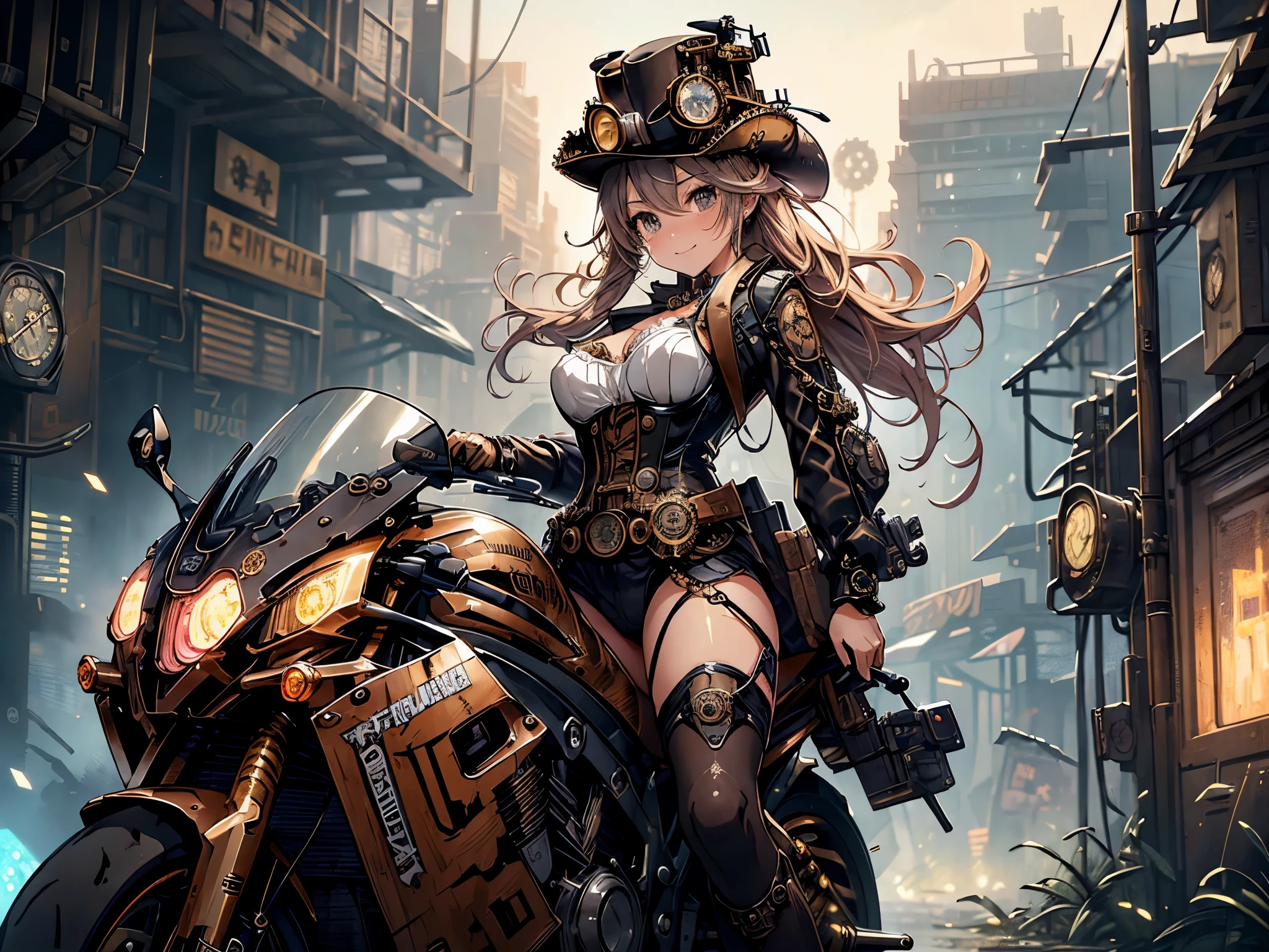 (Line art_anime),(Cowboy Shot, highest quality, ),(Laura Budd Photos:1.2),(Laura Add Details:1.0),8K, Flat Color:0.8,Dynamic Angle,1 girl,smile、(On a steampunk motorcycle:1.5)、An elaborately decorated motorcycle、(Highly decorative and complex mechanical steampunk fashion, lace flare dolphin hat、goggles 1.5、machinery background、Gear background、Intricately mechanized steampunk cityscape 1.5),