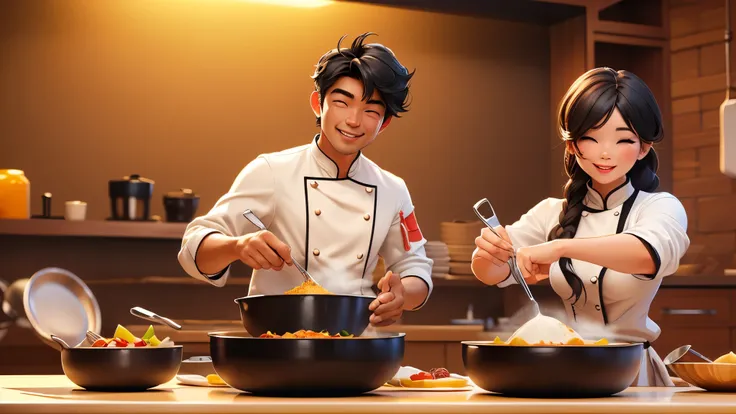 (best quality, 3d animation :1.2), masterpiece, handsome chef cooking, handsome chinese chef, chef hat, black hair, realistic st...