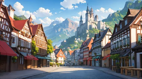 Street of a German city, Lake, harbour, Houses, mountains in the background, People, 