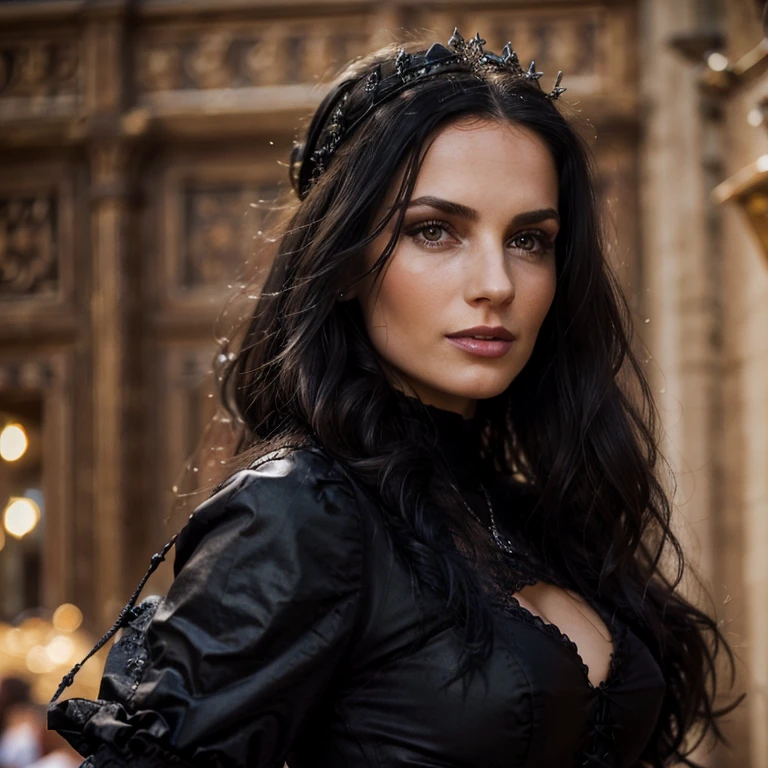 1 woman, European face, European eyes, dancing in a medieval town, ultra detailed face and eyes, hyperrealistic, detailed representation, long black hair, pretty face, 30 years old, wearing a long black baroque dress, wearing a long black baroque dress, dancing at a gothic festival, gothic Style 