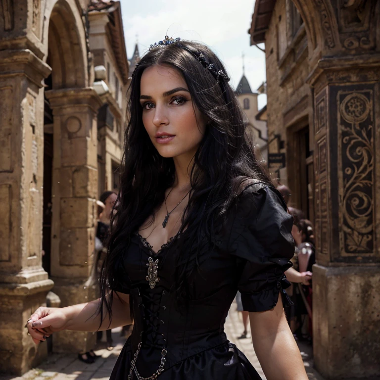 1 woman, European face, European eyes, dancing in a medieval town, ultra detailed face and eyes, hyperrealistic, detailed representation, long black hair, pretty face, 30 years old, wearing a long black baroque dress, wearing a long black baroque dress, dancing at a gothic festival, gothic Style 