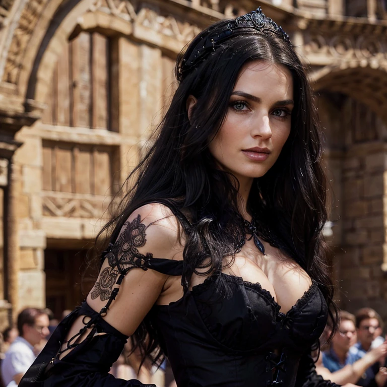 1 woman, European face, European eyes, dancing in a medieval town, ultra detailed face and eyes, hyperrealistic, detailed representation, long black hair, pretty face, 30 years old, wearing a long black baroque dress, wearing a long black baroque dress, dancing at a gothic festival, gothic Style 