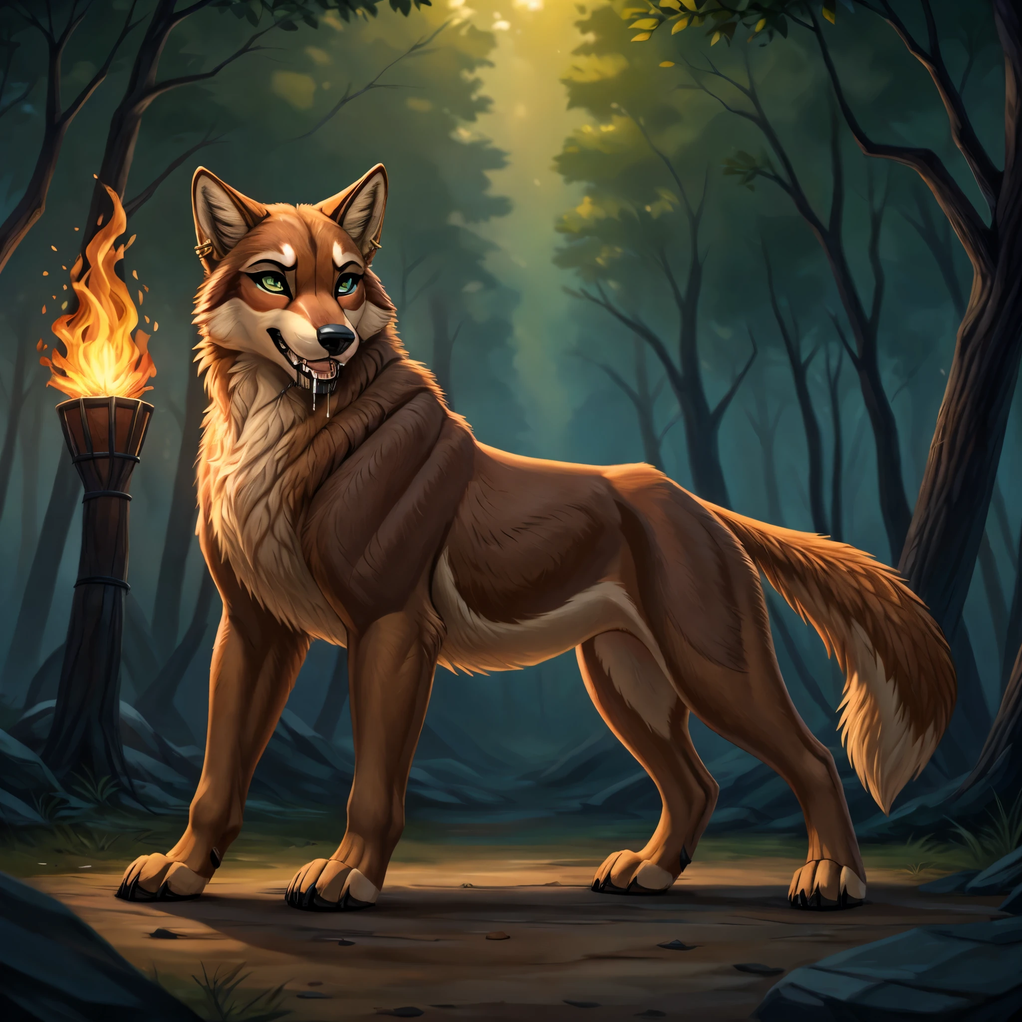 Imagine um design de personagem singular para duas fêmeas de lobo vermelho selvagem (Canis rufus) que captura perfeitamente uma essência selvagem primitiva e autêntica. De quatro aos 4&#39;11", ela mostra uma espessura, luxuoso casaco de pele com cores distintas no característico tom avermelhado, marrom fulvo de sua espécie, com marcas pretas mais escuras traçando suas costas. O pelo clareia em sua parte inferior, apresentando tons de creme e bege ao redor do queixo, garganta, e peito. A cauda dela, denso e expressivo, tem a ponta preta típica de um lobo vermelho.

Seu focinho é marcado com um nariz marrom mais escuro, e o pelo muda para bege no maxilar inferior, com uma faixa mais clara estendendo-se sobre a testa e a ponte nasal. Seus olhos cativantes são emoldurados por profundos, cavidades oculares quase roxas, apresentando impressionantes íris verdes claras e pupilas pretas, melhorando naturalmente sua intensa, olhar selvagem. Um ousado piercing de língua dourada adiciona um toque de independência feroz à sua aparência.

Suas patas são solidamente marrons, contrastando com os tons vibrantes da pele do corpo. Seu longo, cauda listrada fofa é um indicador emocional, balançando de alegria ou caindo de tristeza, responsivo ao seu humor. Seus ouvidos, sintonizado com os menores sons, apresentam pêlo interno marrom escuro e borda externa bege. Seu nariz sensível é hábil em captar a miríade de aromas do ambiente., crítico para sua sobrevivência.

Em seu estado puramente selvagem, ela não usa roupa, incorporando o cru, espírito indomado do lobo vermelho selvagem. Apesar de seu exterior formidável, ela é altamente adaptável, com habilidades de sobrevivência aprimoradas de um passado influenciado pelo guaxinim, incluindo agilidade e desenvoltura excepcionais na eliminação.

Liderando um nômade, existência sem-teto, Sozinho,  ela navega pela vida com resiliência e um toque de vulnerabilidade. À noite, ela utiliza sua visão e audição superiores, prosperando sob o manto da escuridão. selvagem, zoofilia, Bestialidade, NSFW, sexy. pose: babando boca aberta língua estendida para fora. fundo: fora do incêndio florestal caótico 