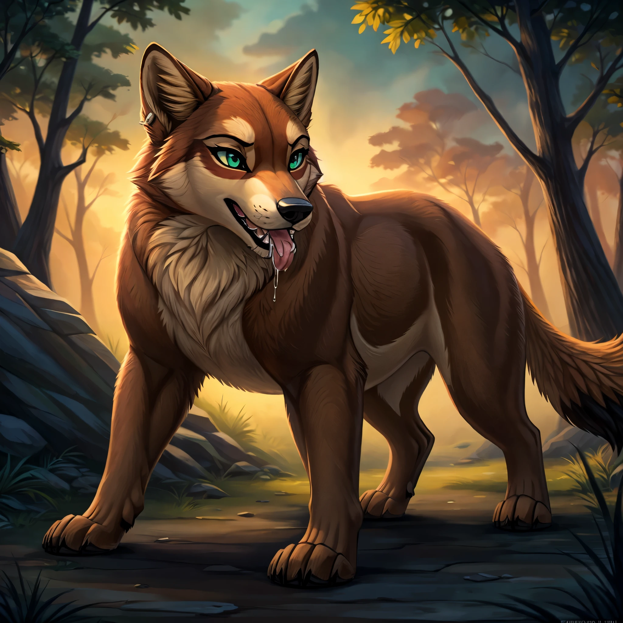 Imagine um design de personagem singular para duas fêmeas de lobo vermelho selvagem (Canis rufus) que captura perfeitamente uma essência selvagem primitiva e autêntica. De quatro aos 4&#39;11", ela mostra uma espessura, luxuoso casaco de pele com cores distintas no característico tom avermelhado, marrom fulvo de sua espécie, com marcas pretas mais escuras traçando suas costas. O pelo clareia em sua parte inferior, apresentando tons de creme e bege ao redor do queixo, garganta, e peito. A cauda dela, denso e expressivo, tem a ponta preta típica de um lobo vermelho.

Seu focinho é marcado com um nariz marrom mais escuro, e o pelo muda para bege no maxilar inferior, com uma faixa mais clara estendendo-se sobre a testa e a ponte nasal. Seus olhos cativantes são emoldurados por profundos, cavidades oculares quase roxas, apresentando impressionantes íris verdes claras e pupilas pretas, melhorando naturalmente sua intensa, olhar selvagem. Um ousado piercing de língua dourada adiciona um toque de independência feroz à sua aparência.

Suas patas são solidamente marrons, contrastando com os tons vibrantes da pele do corpo. Seu longo, cauda listrada fofa é um indicador emocional, balançando de alegria ou caindo de tristeza, responsivo ao seu humor. Seus ouvidos, sintonizado com os menores sons, apresentam pêlo interno marrom escuro e borda externa bege. Seu nariz sensível é hábil em captar a miríade de aromas do ambiente., crítico para sua sobrevivência.

Em seu estado puramente selvagem, ela não usa roupa, incorporando o cru, espírito indomado do lobo vermelho selvagem. Apesar de seu exterior formidável, ela é altamente adaptável, com habilidades de sobrevivência aprimoradas de um passado influenciado pelo guaxinim, incluindo agilidade e desenvoltura excepcionais na eliminação.

Liderando um nômade, existência sem-teto, Sozinho,  ela navega pela vida com resiliência e um toque de vulnerabilidade. À noite, ela utiliza sua visão e audição superiores, prosperando sob o manto da escuridão. selvagem, zoofilia, Bestialidade, NSFW, sexy. pose: babando boca aberta língua estendida para fora. fundo: fora do incêndio florestal caótico 