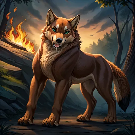 Imagine a singular character design for a 22-year-old female feral red wolf (Canis rufus) that perfectly captures a primal and a...