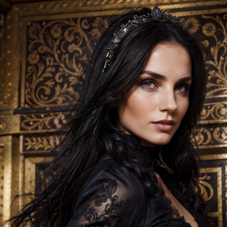 1 woman, European face, European eyes, dancing in a medieval town, ultra detailed face and eyes, hyperrealistic, detailed representation, long black hair, pretty face, 30 years old, wearing a long black baroque dress, wearing a long black baroque dress, dancing at a gothic festival, gothic Style, full body view 