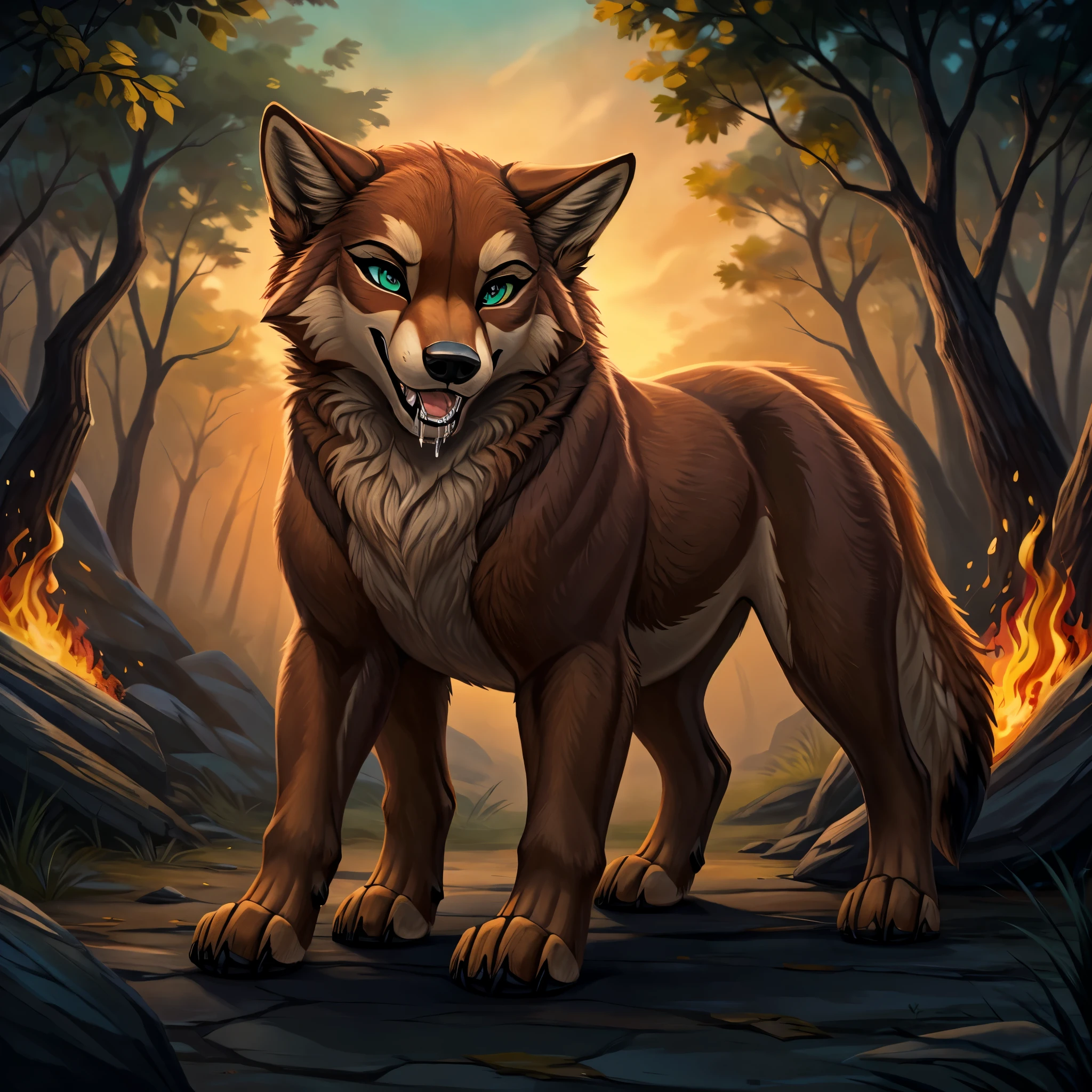 Imagine a singular character design for a 22-year-old female feral red wolf (Canis rufus) that perfectly captures a primal and authentic wild essence. Standing on all fours at 4'11", she showcases a thick, luxurious fur coat distinctly colored in the characteristic reddish, tawny brown of her species, with darker black markings tracing along her back. The fur lightens on her underparts, featuring shades of cream and beige around her chin, throat, and chest. Her tail, bushy and expressive, has the typical black tip of a red wolf.

Her snout is marked with a darker brown nose, and the fur transitions to beige on her lower jaw, with a lighter streak extending over her forehead and nasal bridge. Her captivating eyes are framed by deep, near-black eye cavities, featuring striking light green irises and black pupils, naturally enhancing her intense, wild gaze. A bold gold tongue stud piercing adds a touch of fierce independence to her appearance.

Her paws are solidly brown, contrasting with the vibrant tones of her body fur. Her long, fluffy striped tail is an emotional indicator, wagging with joy or drooping in sadness, responsive to her moods. Her ears, tuned to the slightest sounds, feature dark-brown inner fur and a beige outer rim. Her sensitive nose is adept at picking up the myriad scents of her environment, critical for her survival.

In her purely feral state, she wears no clothes, embodying the raw, untamed spirit of the wild red wolf. Despite her formidable exterior, she is highly adaptable, with survival skills honed from a raccoon-influenced past, including exceptional agility and resourcefulness in scavenging.

Leading a nomadic, homeless existence, solo,  she navigates life with resilience and a touch of vulnerability. By night, she utilizes her superior vision and hearing, thriving under the cover of darkness. zoophillia, beastiality, nsfw, sexy. Expression: aggressive. Pose: drooling open maw extended tongue out. background: outside chaotic forest fire 