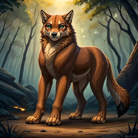 Imagine a singular character design for a 22-year-old female feral red wolf (Canis rufus) that perfectly captures a primal and a...