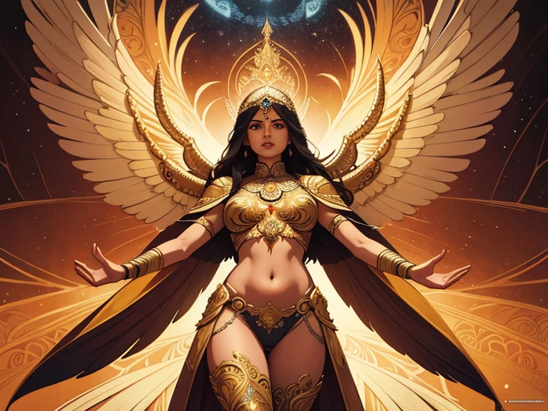 Masterpiece, digital artwork, A beautiful adult Indian female seraphim, spread wings, highly detailed, intricate, navel, thighs, artwork by Karol Bak and Jean-Auguste-Dominique,