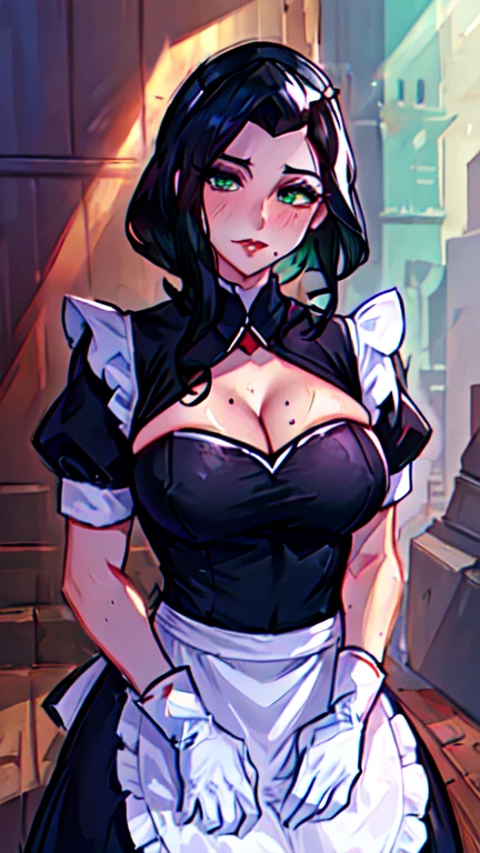 masterpiece, high quality, best quality, intricate detailed, highres, volumetric lighting, dynamic angle, depth of field, (portrait), looking at viewer,
1girl, solo, female focus,
curvy, cleavage, slim waist, thick thighs, 
(full-face blush),
aroused, flirtatious,
TLOK_Asami_Sato, (main_outfit),
\green eyes\, black hair,  aqua hair, maid, maid apron, maid headdress, mole, mole on breast, mole under eye, parted lips, puffy short sleeves, puffy sleeves, short sleeves, signature, solo, stairs, sunlight, sweat, valentine, white apron, white gloves