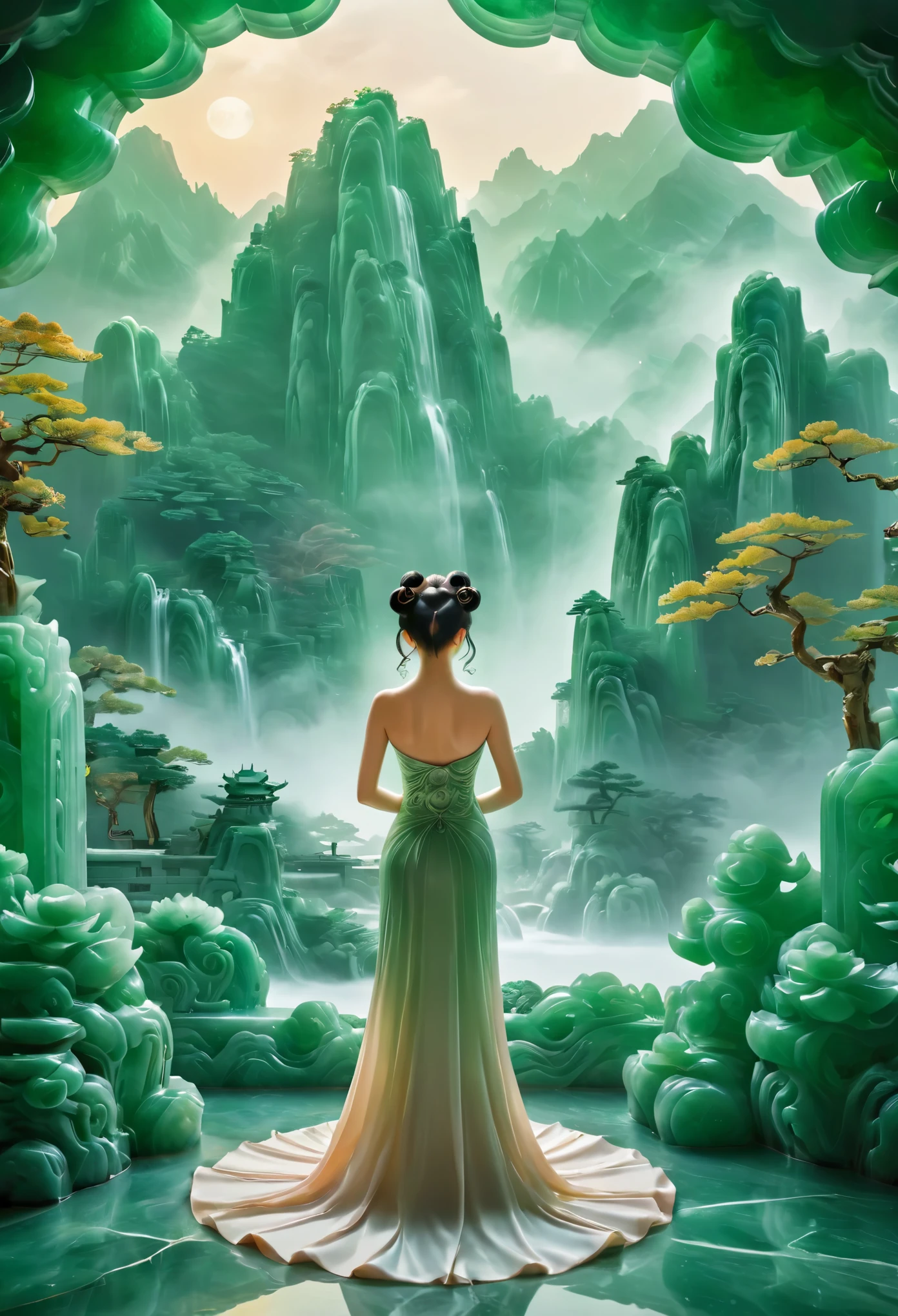 Photography of a lady standing before a massive jade screen adorned with a landscape carving, showcasing intricate details of mountains, rivers, and nature. The lady, exuding elegance and grace, is framed by the grandeur of the jade screen, which serves as a majestic backdrop that enhances the scene's visual appeal and cultural significance. The contrast between the lady's presence and the elaborate jade artwork creates a striking composition that highlights the beauty of both the natural and artistic elements in the photograph，bishoujo_senshi_sailor_moon, realistic， jade leggings, solo，jade hair，ruby，Anatomically correct, white jade skin ，jade suits，smile，beautiful，camel toe，background is A jade sculpture depicting a serene landscape