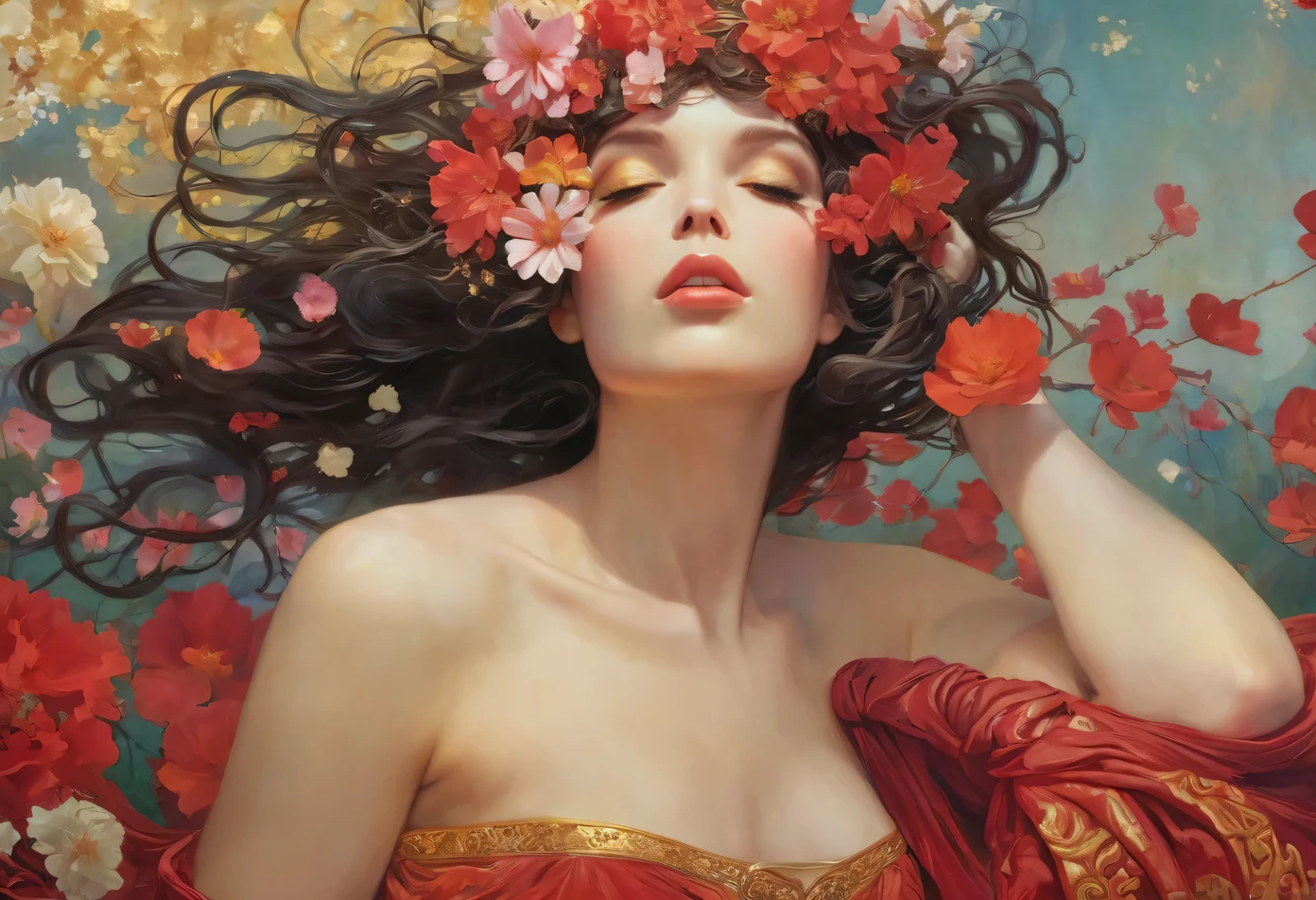 a painting of a woman with a flower hair on her head, flower goddess, woman in flowers, she has a crown of flowers, a goddess in a field of flowers, covered with flowers, mucha klimt and tom bagshaw, girl in flowers, persephone in spring, flower queen, goddess of spring, jinyoung shin art, female portrait with flowers, RAW photo of (adult:1.3),a  female burst of tangy crimson cascades,entwining magic and technology with viscous allure disappears into the shadows,in a neo-expressionist masterpiece of gold embrace,topless,small breasts,hair between eyes,(skinny, thin body:0.4),(chiaroscuro:1.3),(octane render masterpiece,masterpiece scale,beautiful depth of field,ultra wide field,ultra detailed CG perspective,ultra dynamic lighting amazing shadows,dramatic lighting), Convey the sense of inner strength and confidence. Introduce a gentle, atmospheric haze in the environment, creating a soft diffusion of light and giving the impression of gold aura and presence.