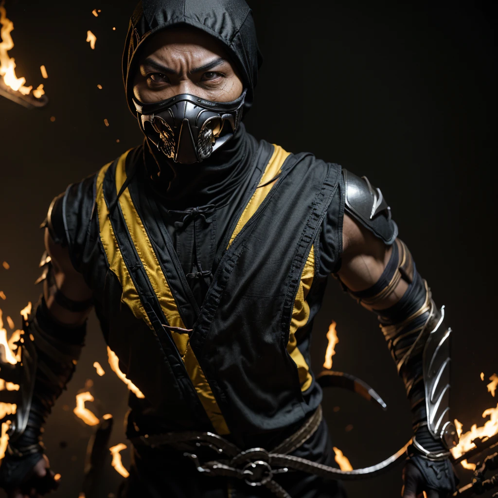 1 Mann, Hanzo Hasashi ist der Scorpion-Charakter aus Mortal Kombat. realistische Version, ((Ganzkörper)), ((Ninja-Anzug, der dem Originalcharakter treu bleibt)), Schwarzer Anzug mit Gelb, identisch mit dem Mortal Kombat-Charakter. in Hell, intensives Feuer, Totenkopfgesicht oder Gesicht, Teil der Schädelaugen und sein Mund mit seiner üblichen Maske bedeckt. realistisch, wütend. keine zusätzlichen Gliedmaßen