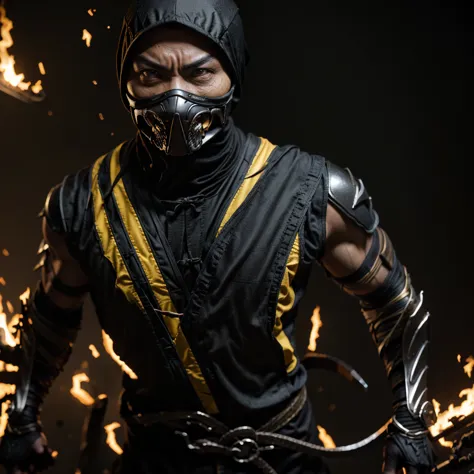 1 man, Hanzo Hasashi is the Scorpion character from Mortal Kombat. Realistic version, ((full body)), ((ninja suit faithful to th...