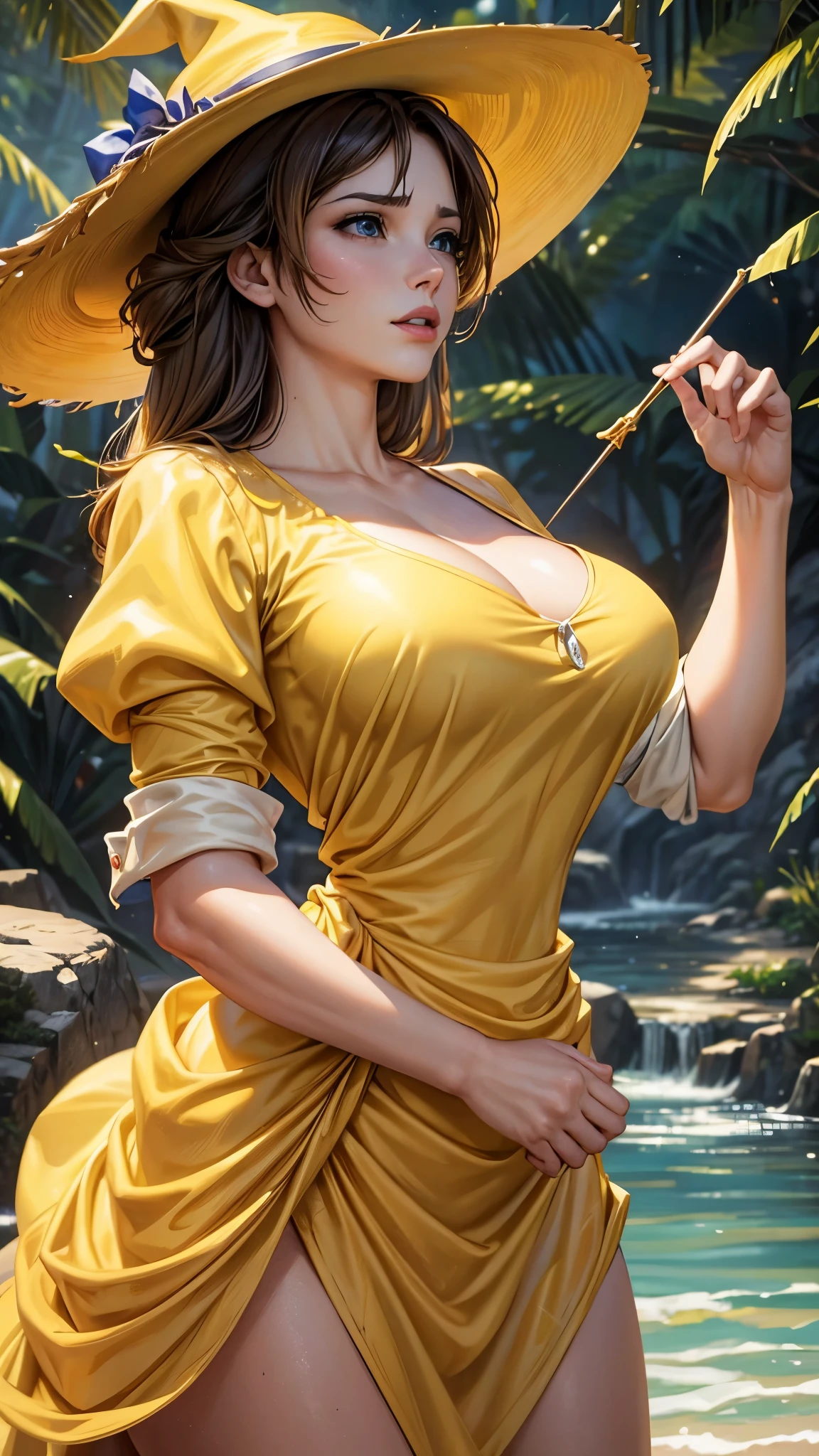 Une fille en robe jaune, avec des cheveux bruns et un chapeau jaune, nommée Jeanne. Elle a une apparence sexy et attrayante. Son chemisier est ouvert, révélant ses gros et attrayants seins. Tarzan, Un homme musclé, est également présent dans la scène. Le médium utilisé pour représenter cette œuvre est la peinture à l&#39;huile, garantir un résultat de haute qualité et détaillé. Le style de peinture est réaliste et photoréaliste, avec des couleurs vives et une mise au point nette. L&#39;éclairage général est bien équilibré, illumine magnifiquement la scène.
