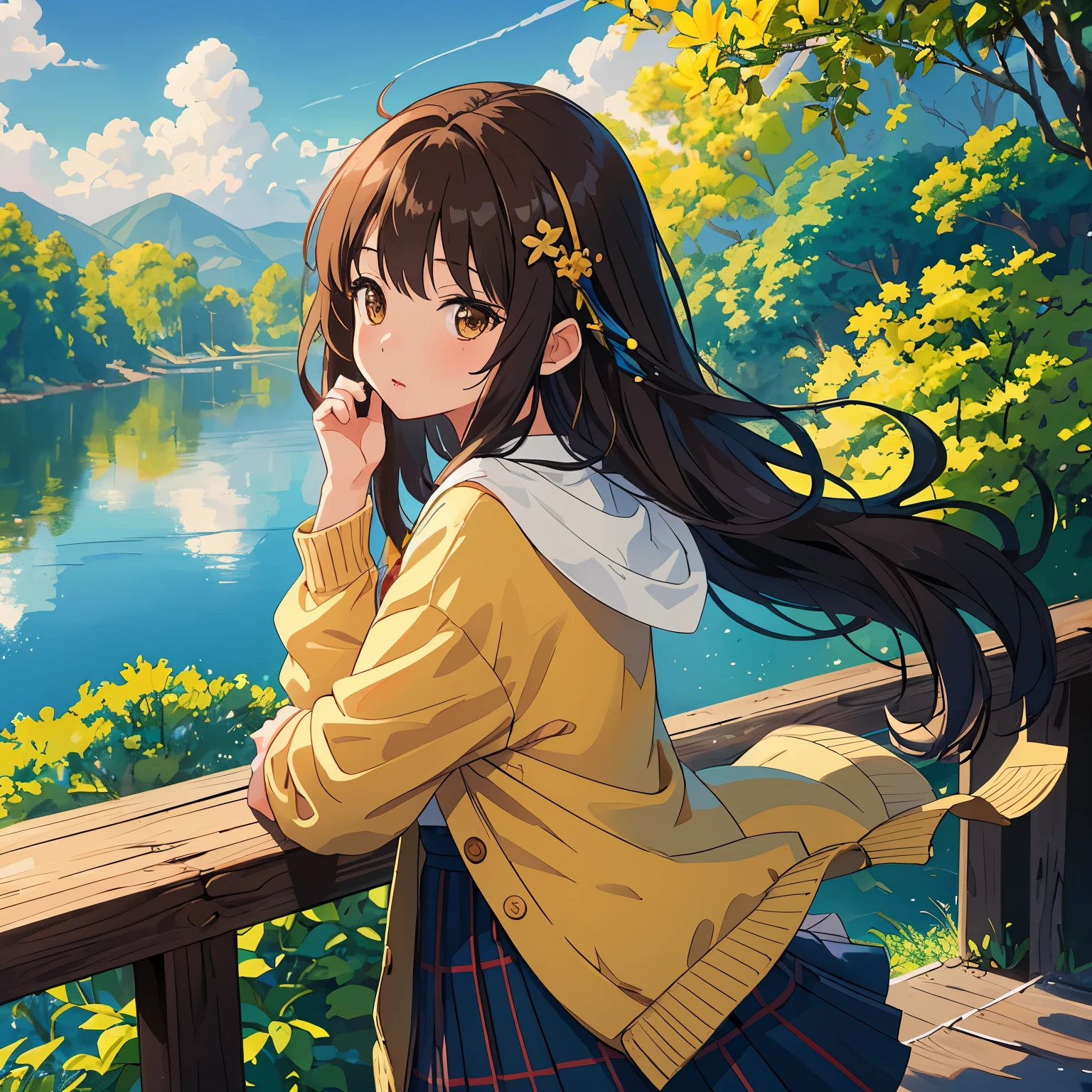 Anime girl with long hair standing on a bridge looking at the water -  SeaArt AI