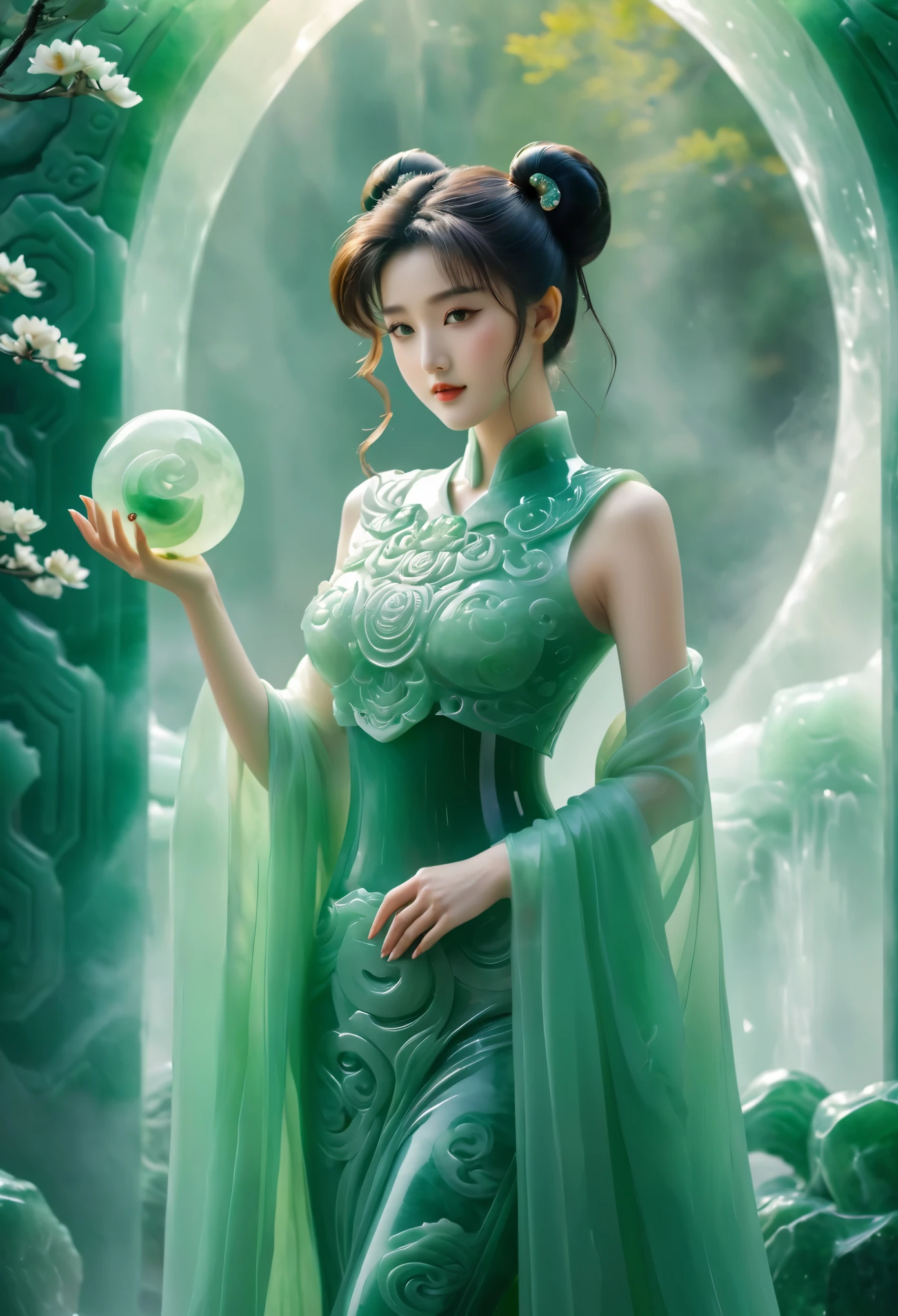 Fotografía de una dama parada ante una enorme pantalla de jade adornada con un paisaje tallado., mostrando detalles intrincados de las montañas, ríos, y la naturaleza. La dama, es bishoujo_senshi_marinero_luna, Realista， leggins de jade, solo，pelo de jade，rubí，anatómicamente correcto，trajes de jade，sonrisa，Hermoso. El contraste entre la presencia de la dama y la elaborada obra de arte de jade crea una sorprendente composición que resalta la belleza de los elementos naturales y artísticos de la fotografía.