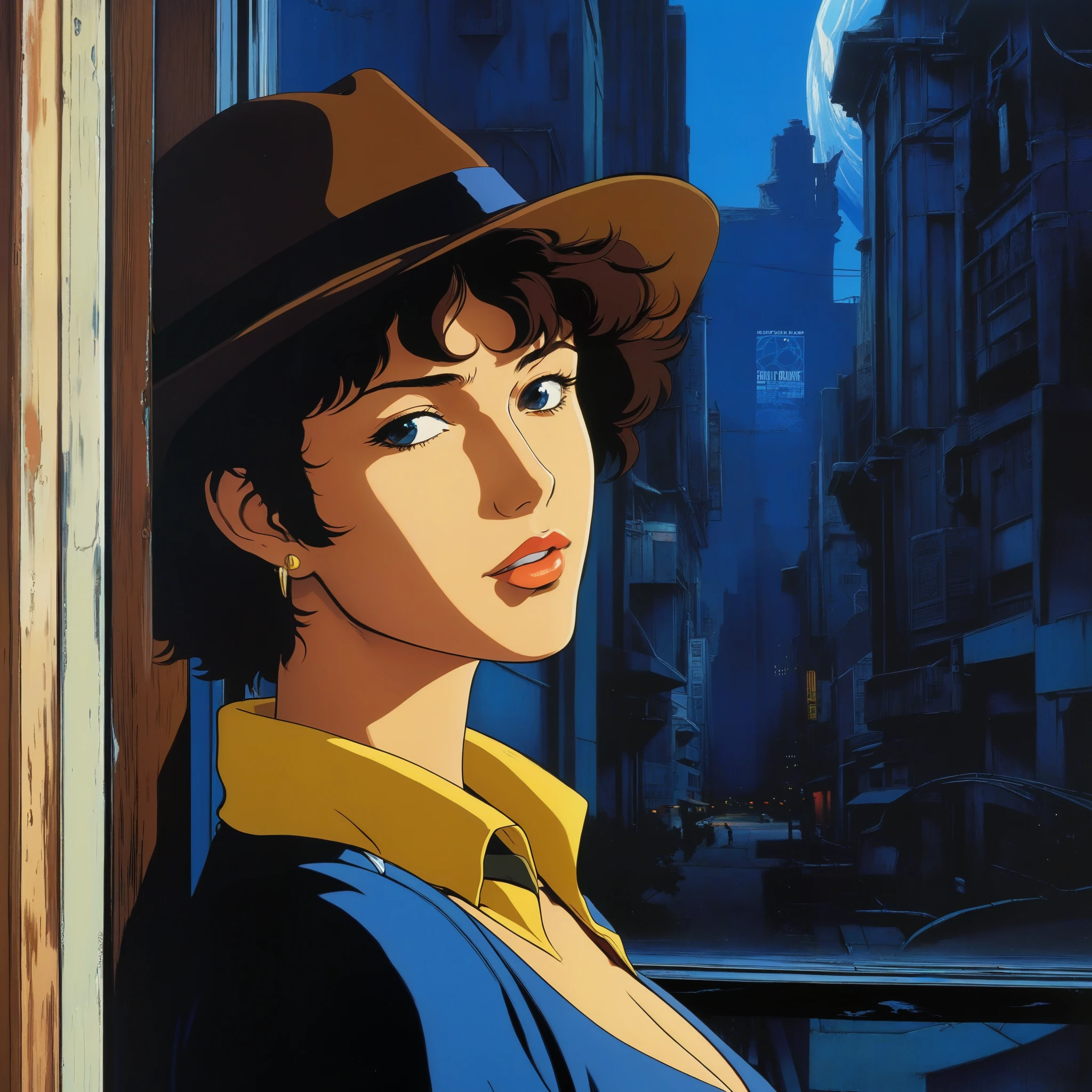 (melhor qualidade, obra de arte, Alta resolução, alta definição, Super Detalhe, Arte oficial, Estilo de anime dos anos 90), vaqueiro bebop, Morena baixinha, Semblante Robusto, Olhos penetrantes, vestido de cowboy, chapéu de caubói, revólver, Atrás de uma grande janela redonda (Do lado de fora da janela está o gigante planeta azul),