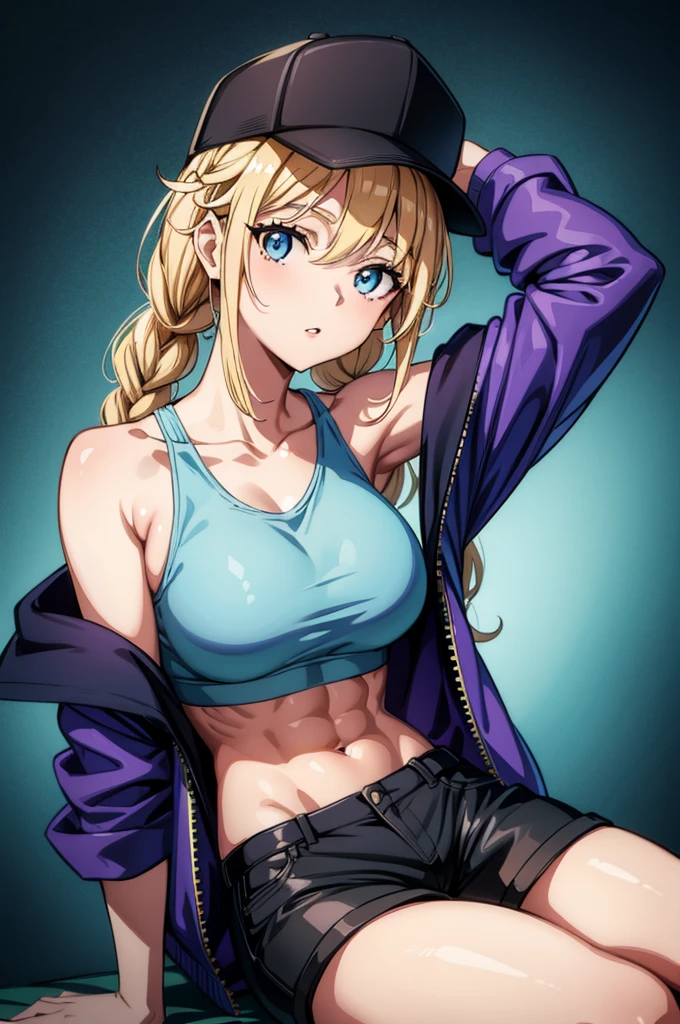 an animated drawing of a blonde woman posing on her back with her arm behind her head and head held up high, 1girl, hat, solo, blue eyes, blonde hair, jacket, breasts, braid, shorts, baseball cap, navel, crop top, black shorts, black headwear, open clothes, blue jacket, long hair, thighs, abs, open jacket, collarbone, short shorts, armpits, sitting, bare shoulders, twin braids, large breasts, looking at viewer, off shoulder, stomach, thigh strap, midriff, parted lips