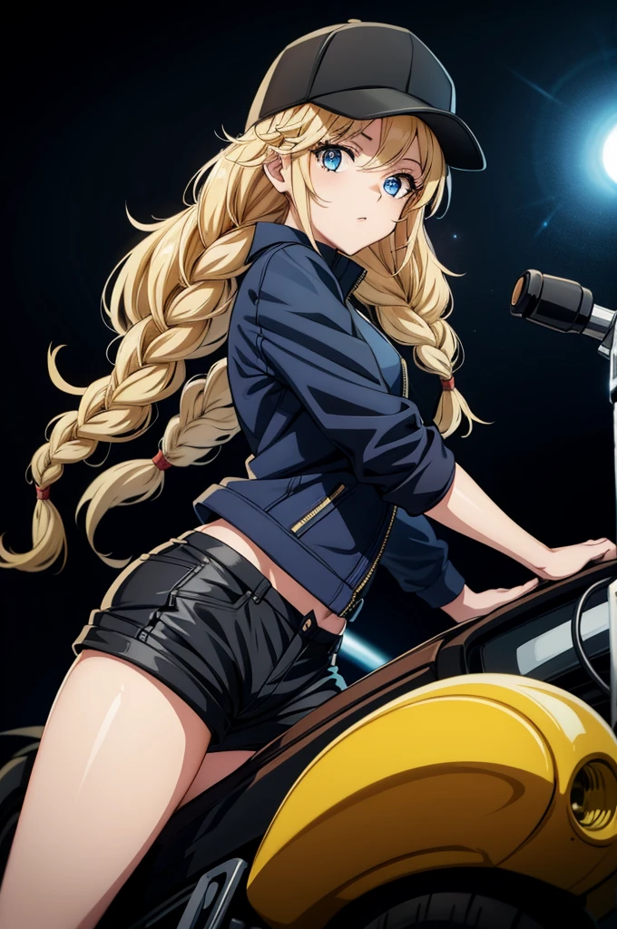 a painted anime female character poses on a motorcycle, against a grungy black backdrop, 1girl, blue eyes, motorcycle, hat, blonde hair, shorts, braid, solo, ground vehicle, jacket, long hair, baseball cap, motor vehicle, black shorts, looking at viewer, twin braids, ass