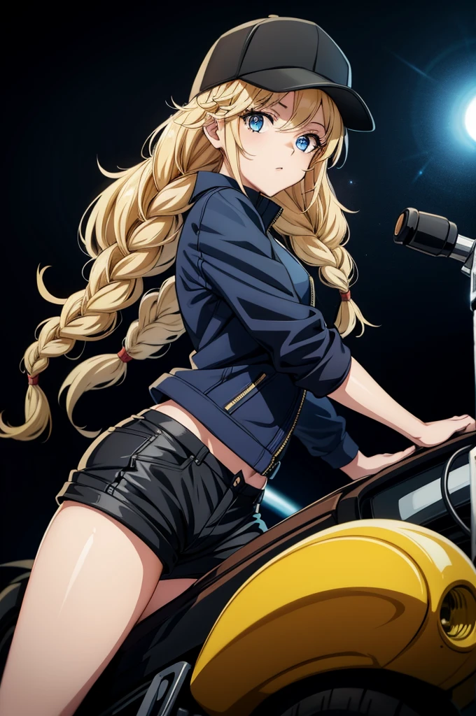 a painted anime female character poses on a motocicleta, contra um pano de fundo preto sujo, 1 garota, olhos azuis, motocicleta, tem, cabelo loiro, shorts, trança, Sozinho, veículo terrestre, jaqueta, cabelo longo, boné de baseball, veículo motorizado, shorts pretos, olhando para o espectador, twin tranças, é