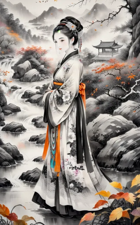 traditional chinese ink painting,black and white ink painting,woman, floral skirt, rich and colorful, fair, fall, fallen leaves,...