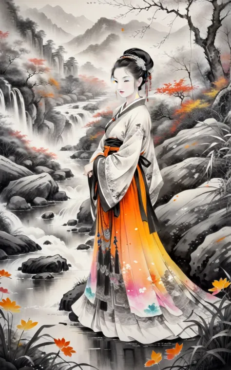 traditional chinese ink painting,black and white ink painting,woman, floral skirt, rich and colorful, fair, fall, fallen leaves,...