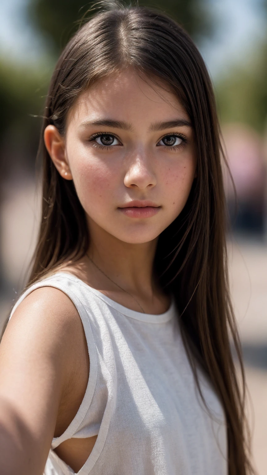 A pretty young woman selfie, solo, Taken with iPhone camera, 12 years old, masterpiece, best quality, depth of field, bokeh, ultra realistic, photorealistic, RAW photography, extremely high resolution, amazingly high detailed eyes and face, adorable, ray tracing