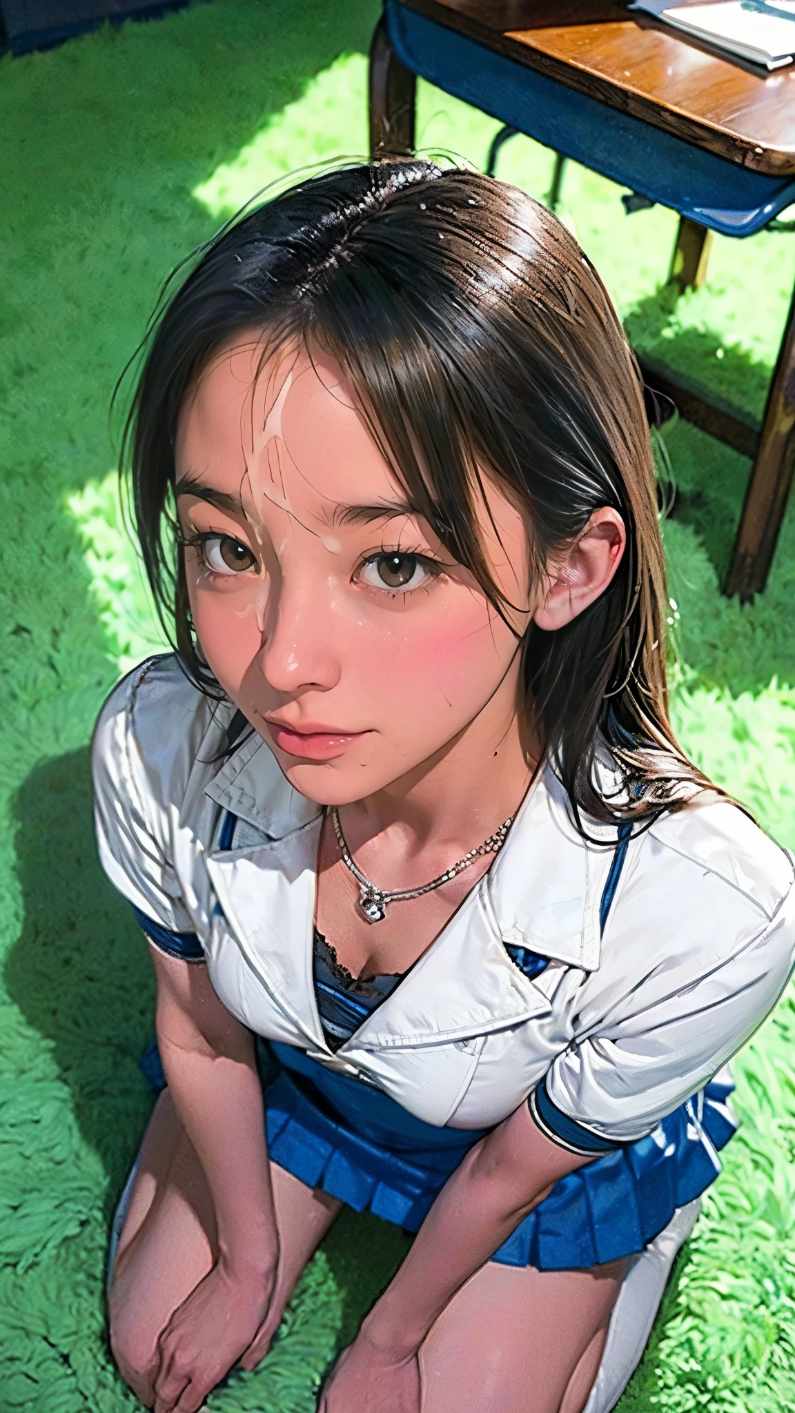 (masterpiece:1.2), (highest quality:1.2), (Very detailed:1.2), (Very detailed face), (Realistic:1.2), (Super detailed), 8k,slim and body, Moderate, , Short Bob, ([black] hair), (Unbuttoned white high school uniform:1.2), Blue Skirt, Silver Necklace, Represents medium, Represents medium, Cleavage, Kneel on the floor, Happy expression, (In the classroom:1.2), Look up, (View from above:1.2), Semen On , Penis Facial, how, throw, Japan 13-year-old girl