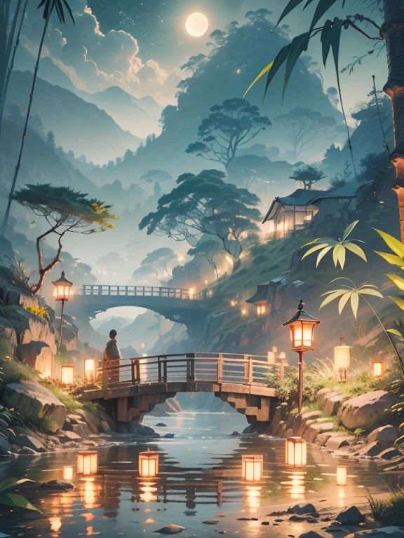 fantasy jungle, bamboo tree fantasy, Long bamboo, Practical, consumption environment, AI, Artificial water source, Build a bridge between two different places surrounded by bamboo forest, Night view, 8k best quality, AMD FidelityFX Super Resolution 3, Rendered by Nvidia RTX DLSS 3.5