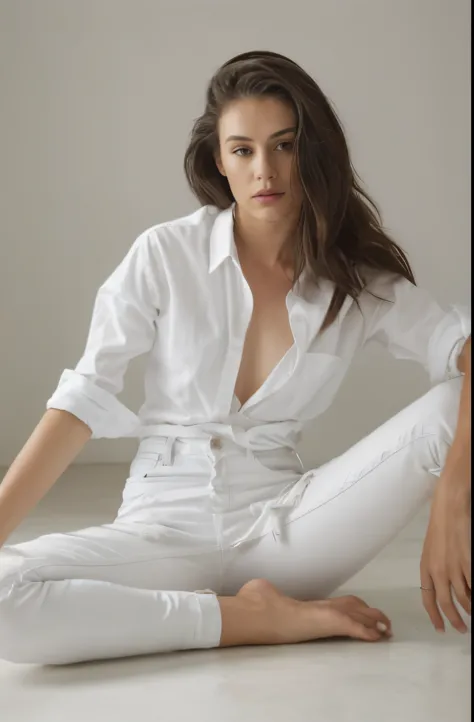 arafed woman sitting on the floor in a white shirt and jeans, white shirt and jeans, wearing a shirt and a jean, clothed in whit...