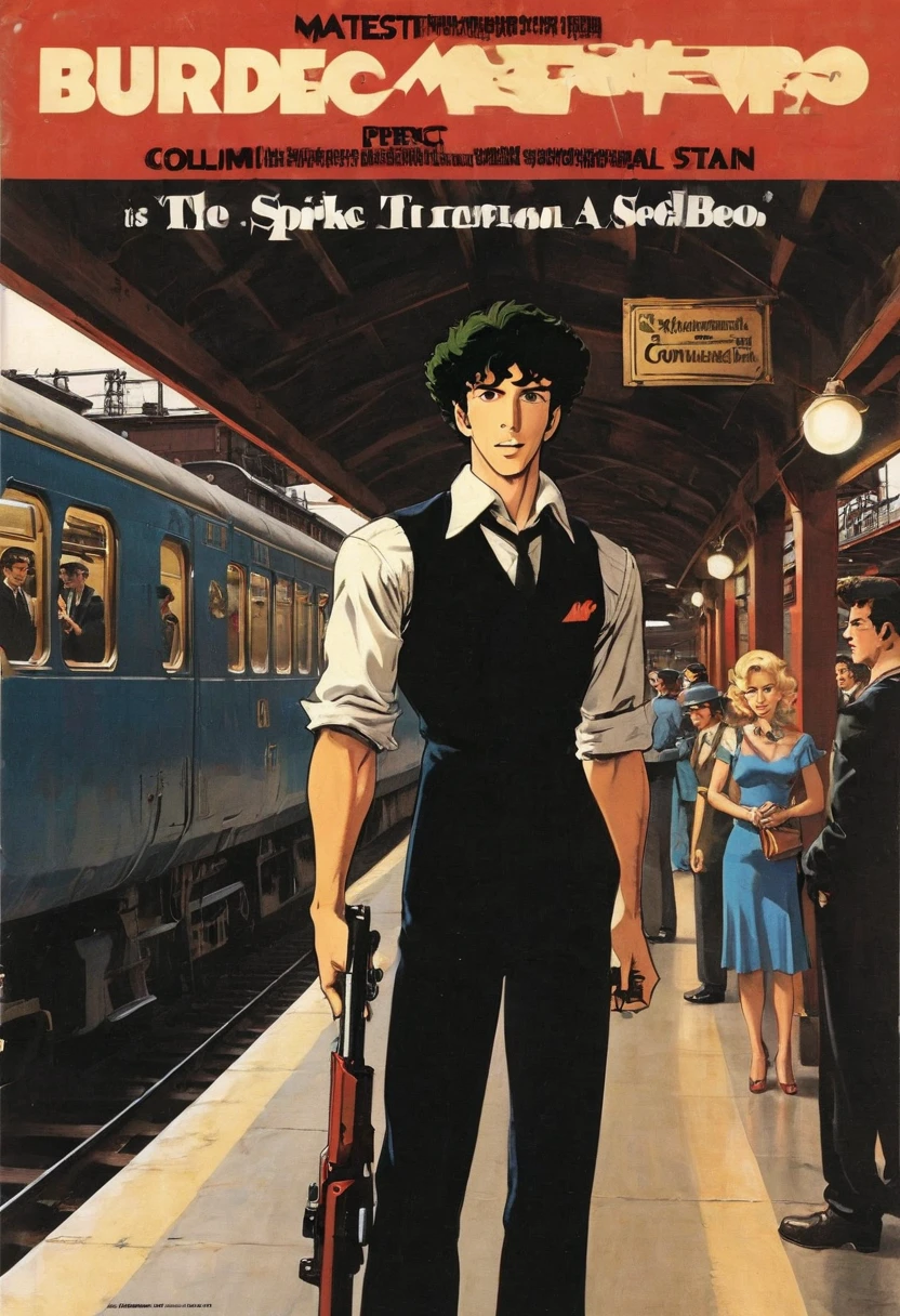 boy, Spike Spiegel, Cowboy Bebop, brown eyes, smile, black hair, black suit and tie, white shirt, black slacks, black polished shoes, outspace background, dynamic action pose, holding dual pistols, beretta 92, muzzle flash, shell casings, gunsmoke, bullet holes, aiming at viewer, 1990s style, shooter, (masterpiece, best quality, Professional, perfect composition, very aesthetic, absurdres, ultra-detailed, intricate details:1.3)