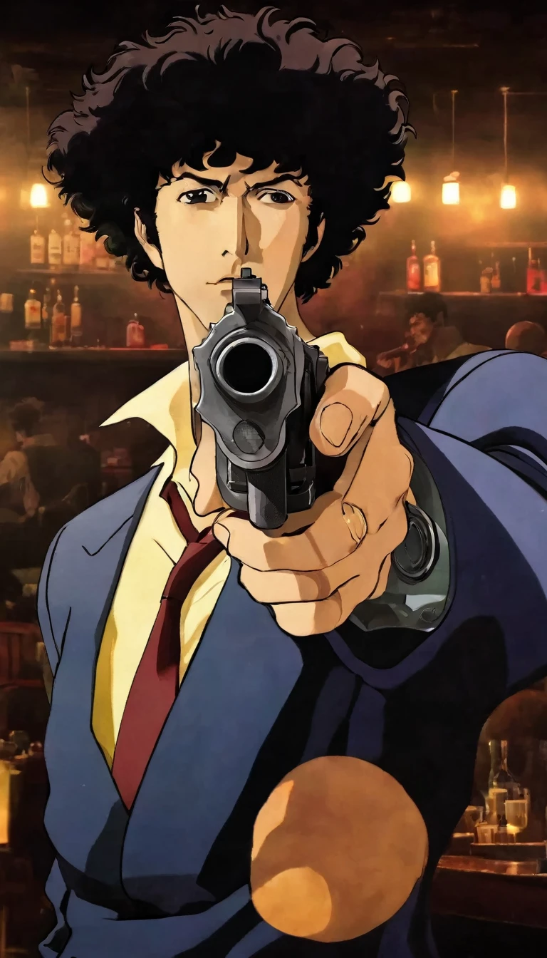 estilo animado, estilo cinematográfico, (tiro de cuerpo completo:1.2), (tiro de ángulo bajo:1.5),Spike Spiegel, cigarrillo en la boca, pistola en mano, Gunatyou, fondo inmersivo de bar, Pelea de bar