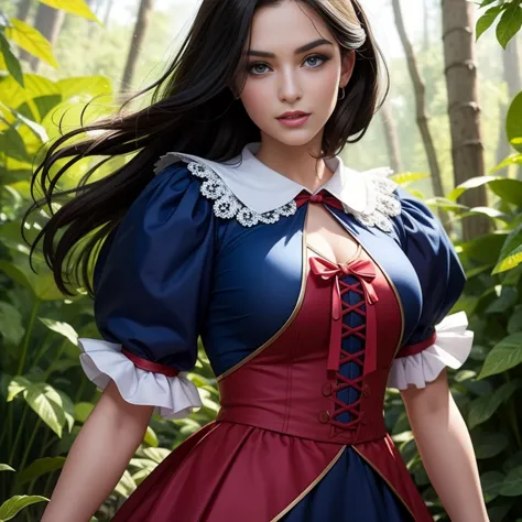 Masterpiece, best quality, detailed face, Snow White, long blue dress with white collar, blue and puffy sleeves with red slashin...