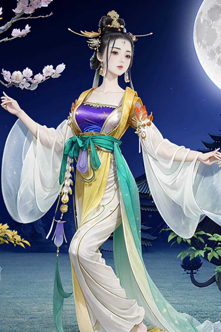 1个Giant Breast Girl，Panoramic lens，Full body close-up，barefoot，Ancient China，Whole body image，solo，game fairy，ancient chinese beauties，Wearing Chinese green clothing，complex patterns，flowing tulle，flowing sleeves，Light silk，Hair accessories，Jewel-like，Clean colors，night，moon，masterpiece，Ultra Detailed，Epic Works, high quality, best quality, 4K